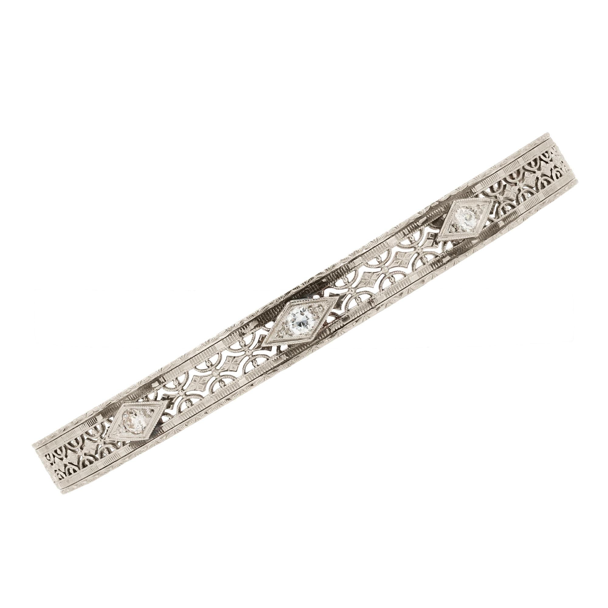 Art Deco Platinum Topped 14k Diamond Filigree Bangle Bracelet