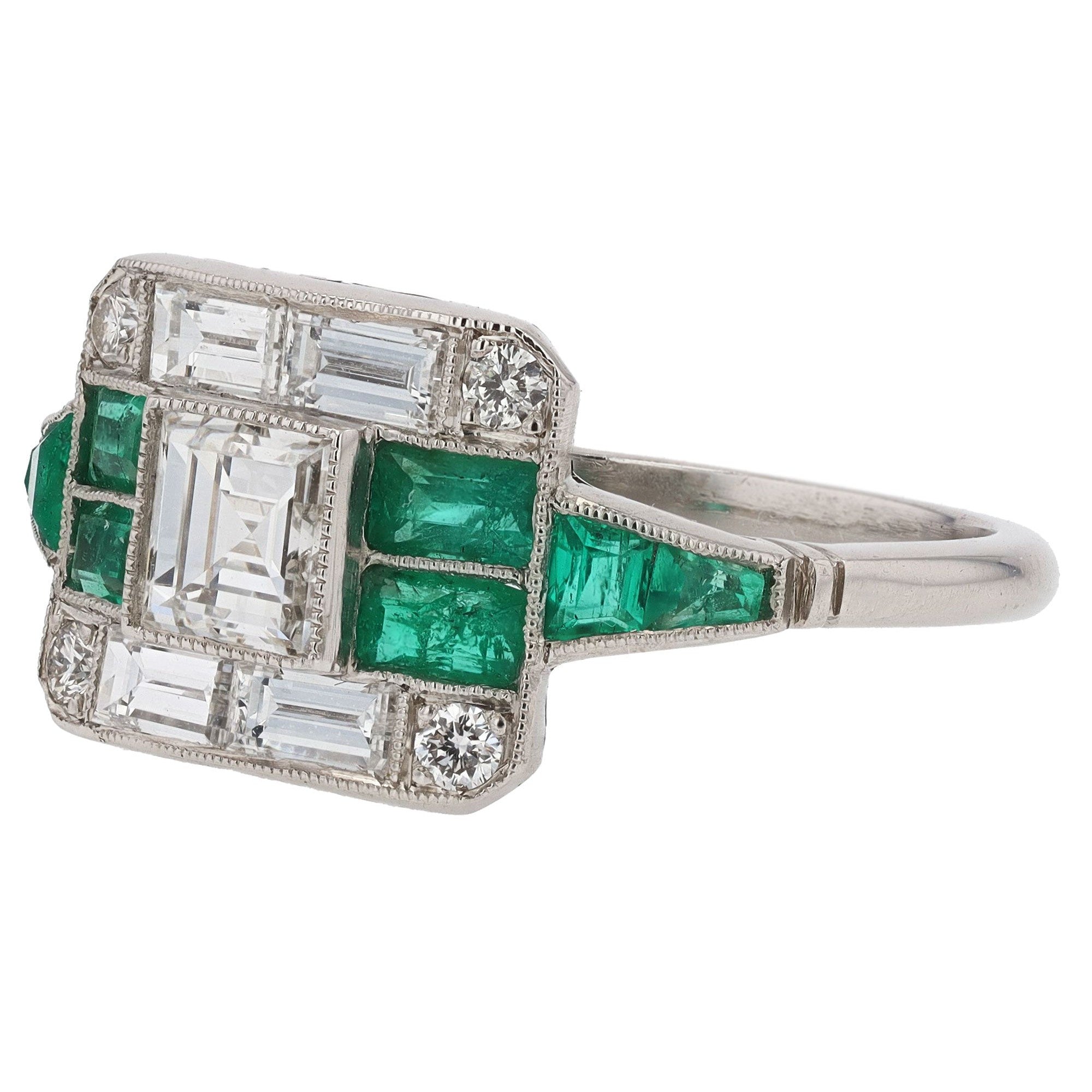 Art Deco Revival 0.53 Carat Carré Diamond & Emerald Platinum Ring