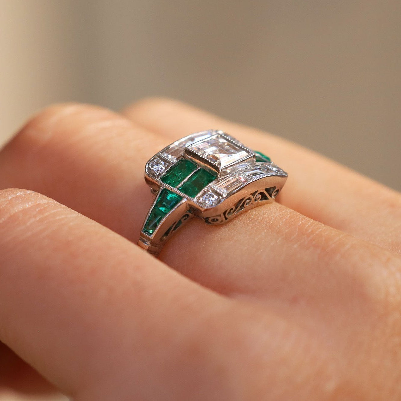 Art Deco Revival 0.53 Carat Carré Diamond & Emerald Platinum Ring
