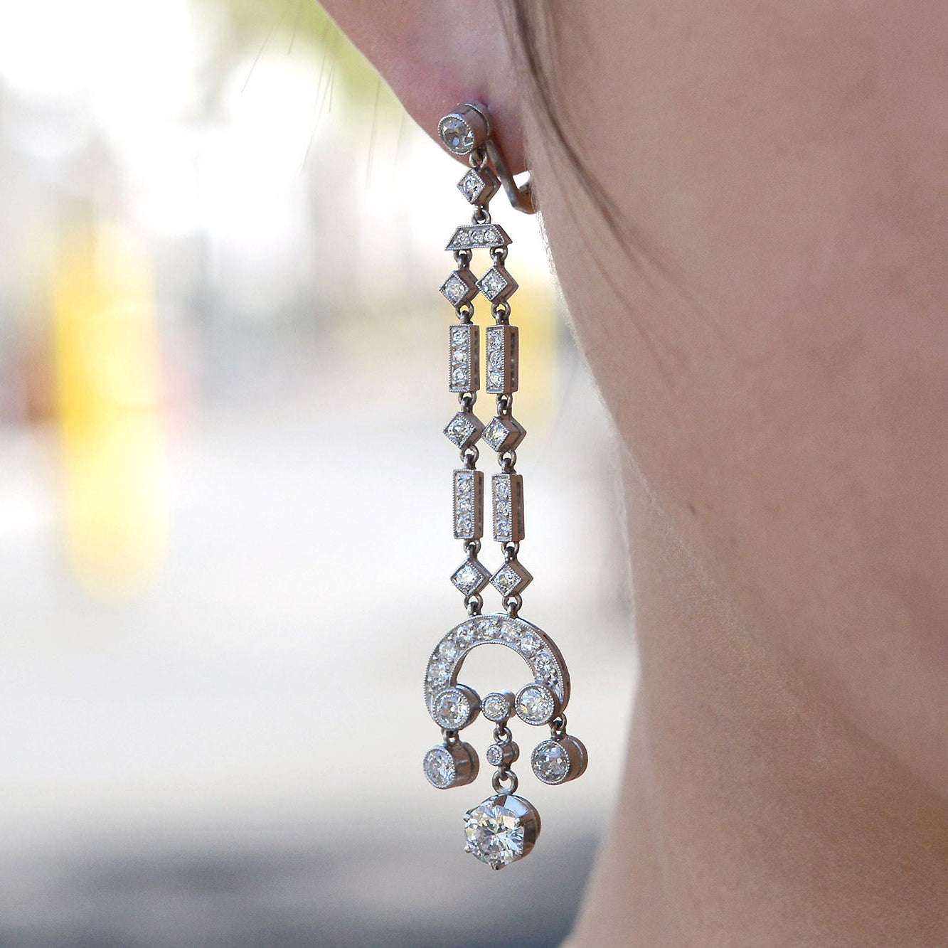 Art Deco Revival 3 Carat Diamond Drop Chandelier Earrings