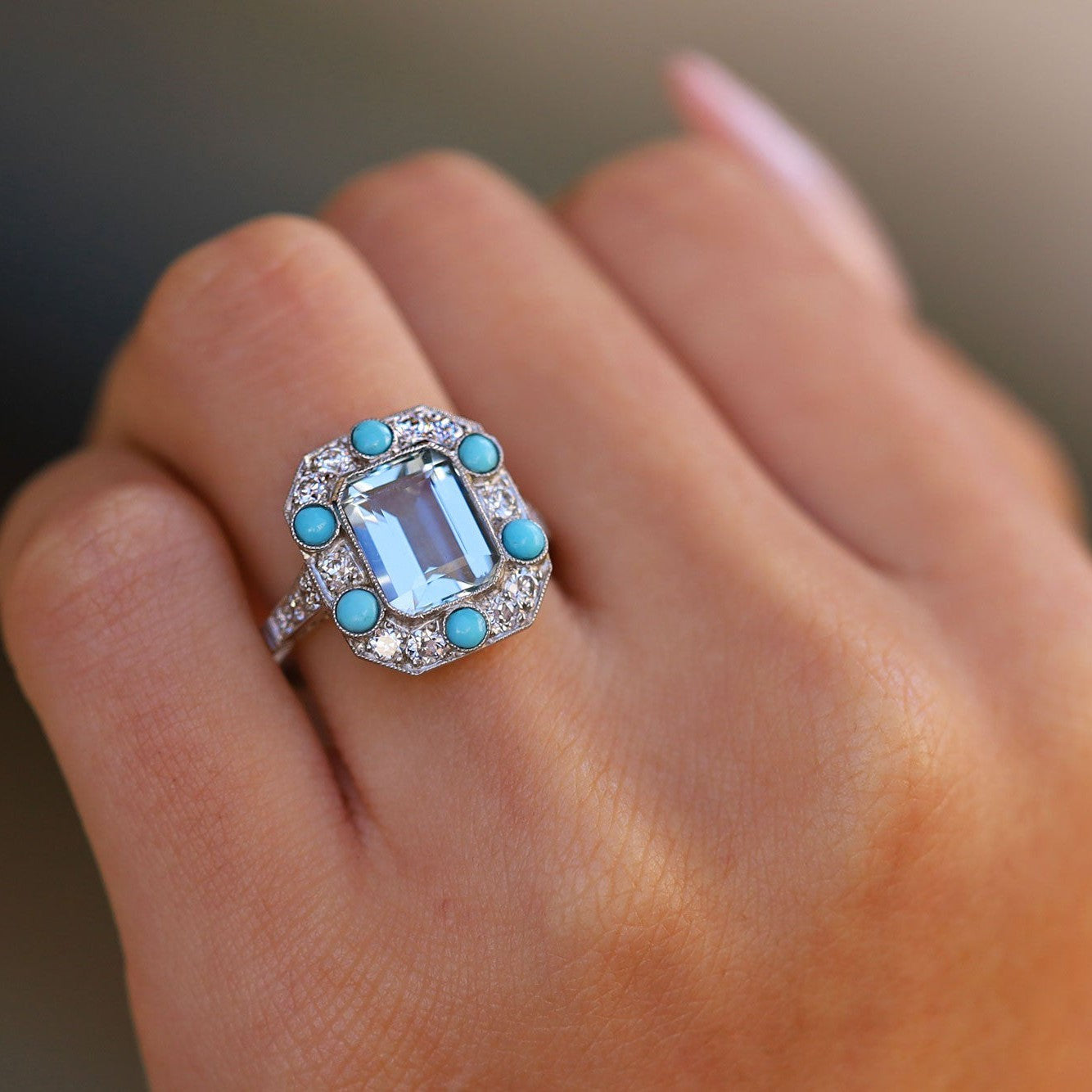 Art Deco Revival Aquamarine Turquoise and Diamond Ring