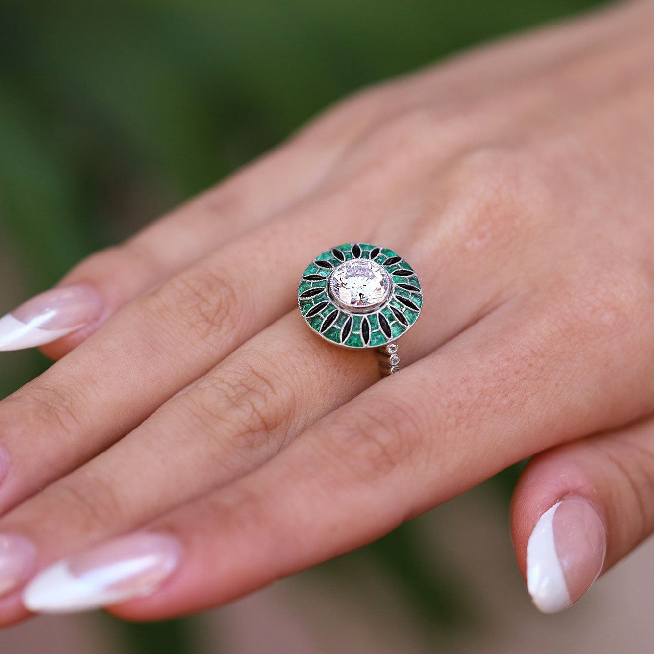 Art Deco Roulette Wheel GIA Certified Diamond Emerald & Onyx Engagement Ring