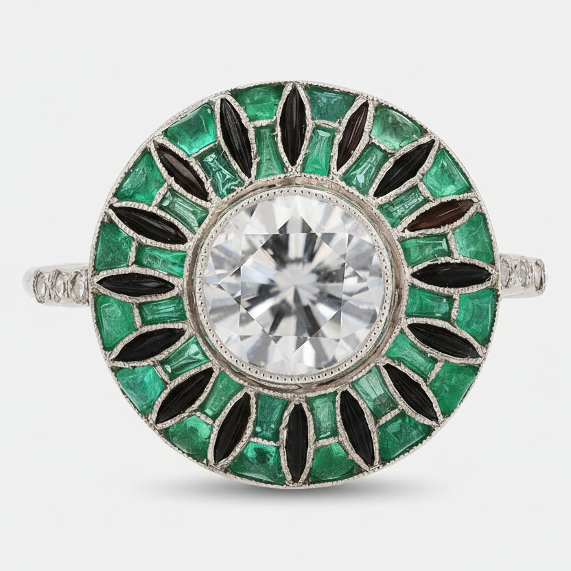 Art Deco Roulette Wheel GIA Certified Diamond Emerald & Onyx Engagement Ring