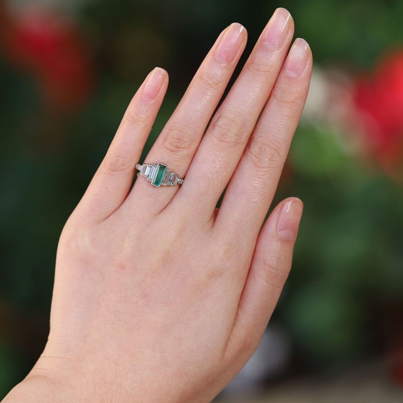 Art Deco Staircase Design Emerald and Diamond Engagement Ring