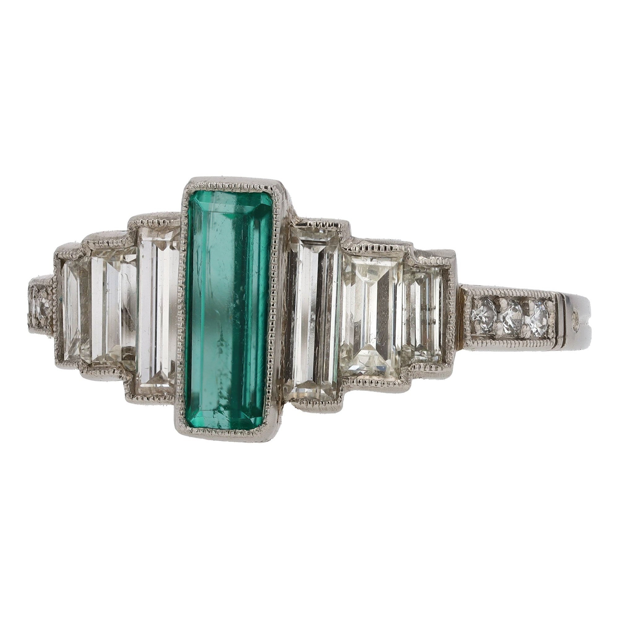 Art Deco Staircase Design Emerald and Diamond Engagement Ring
