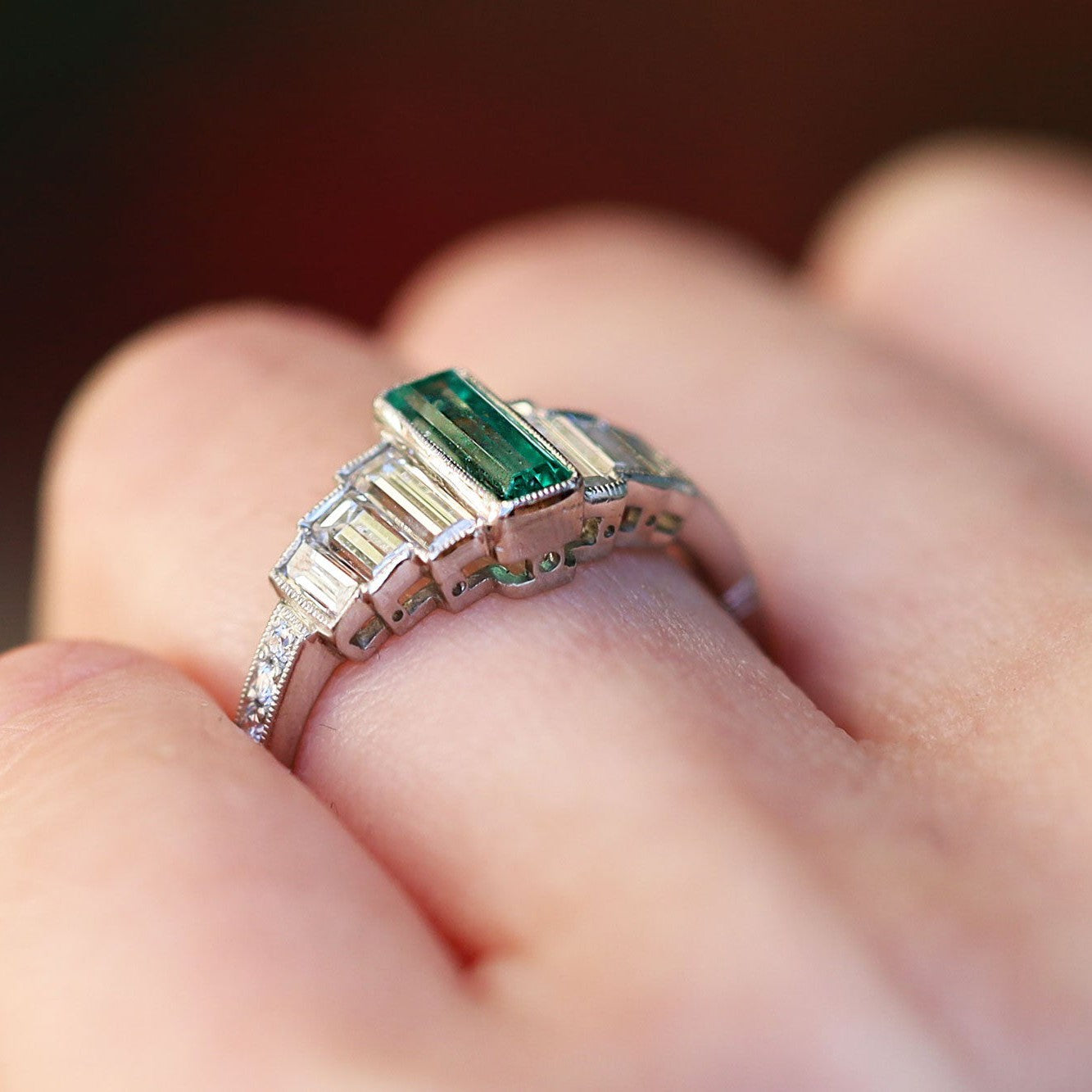 Art Deco Staircase Design Emerald and Diamond Engagement Ring
