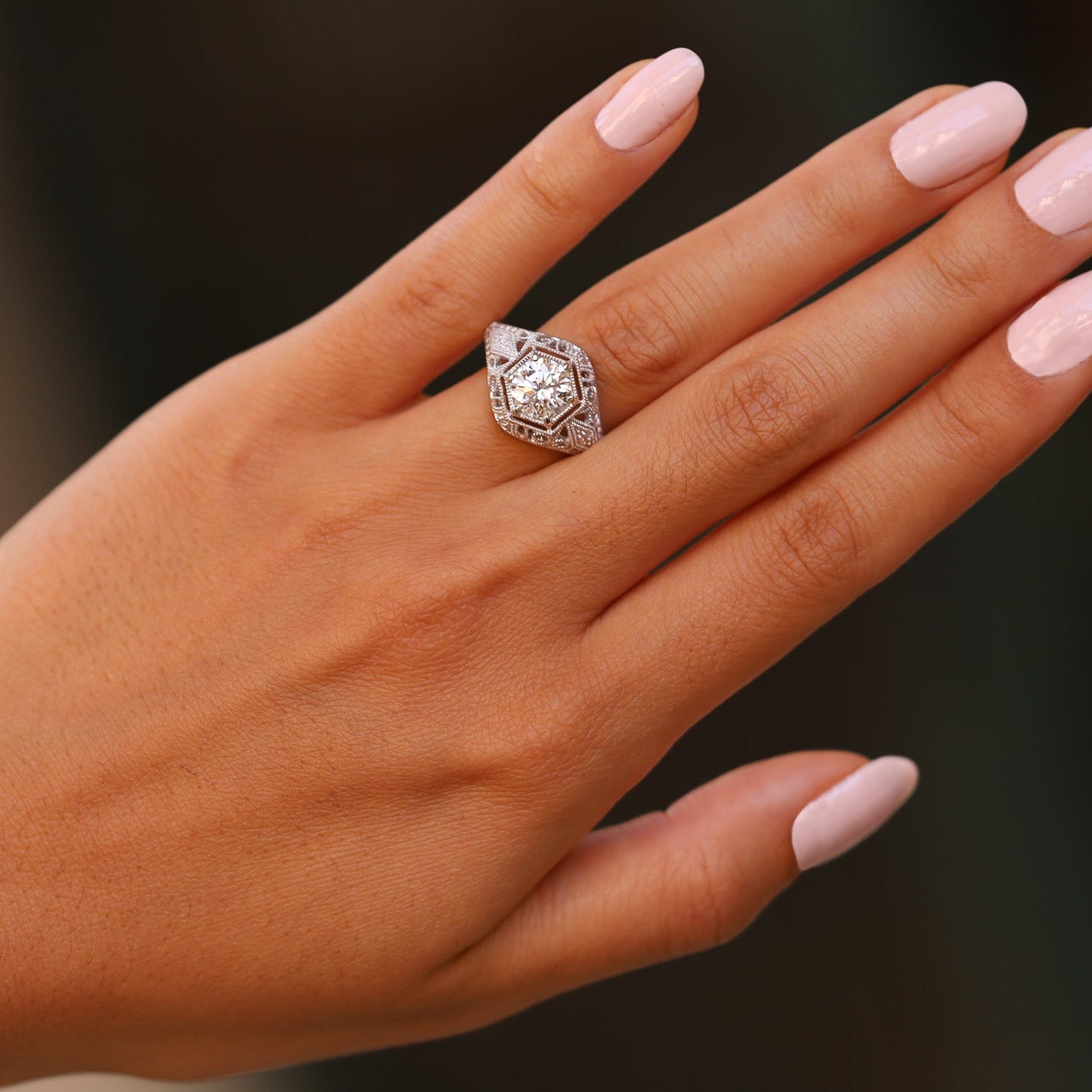 Art Deco Style 1.26 Carat Round Diamond Filigree Engagement Ring