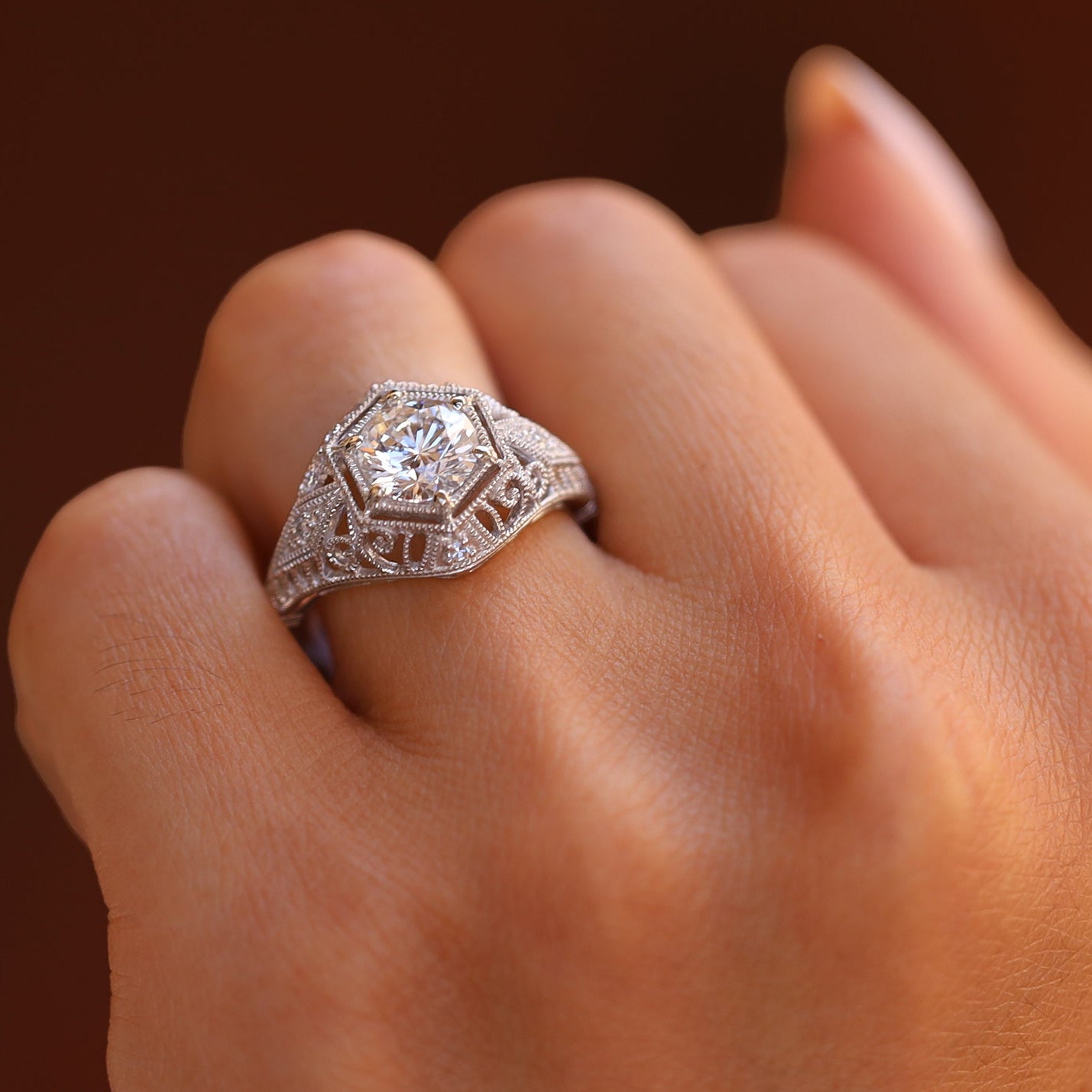 Art Deco Style 1.26 Carat Round Diamond Filigree Engagement Ring