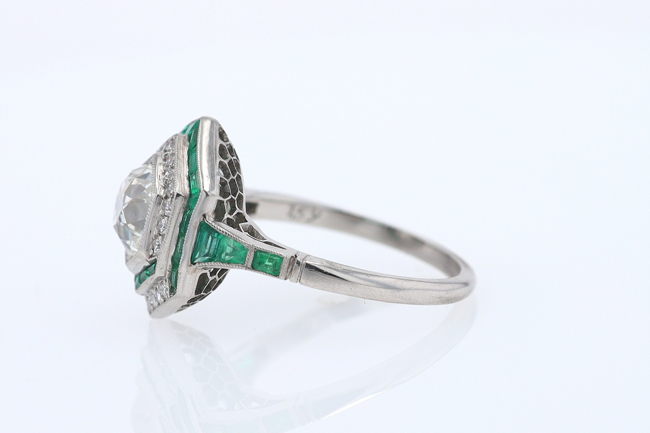 Art Deco Style 1.59 Carat Old Mine Diamond Emerald Engagement Ring