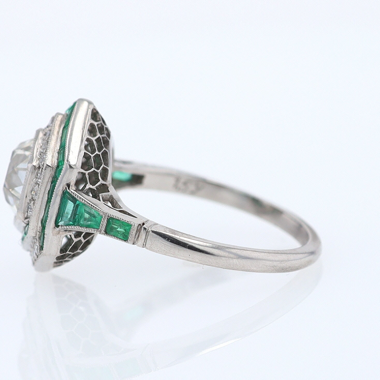 Art Deco Style 1.59 Carat Old Mine Diamond Emerald Engagement Ring