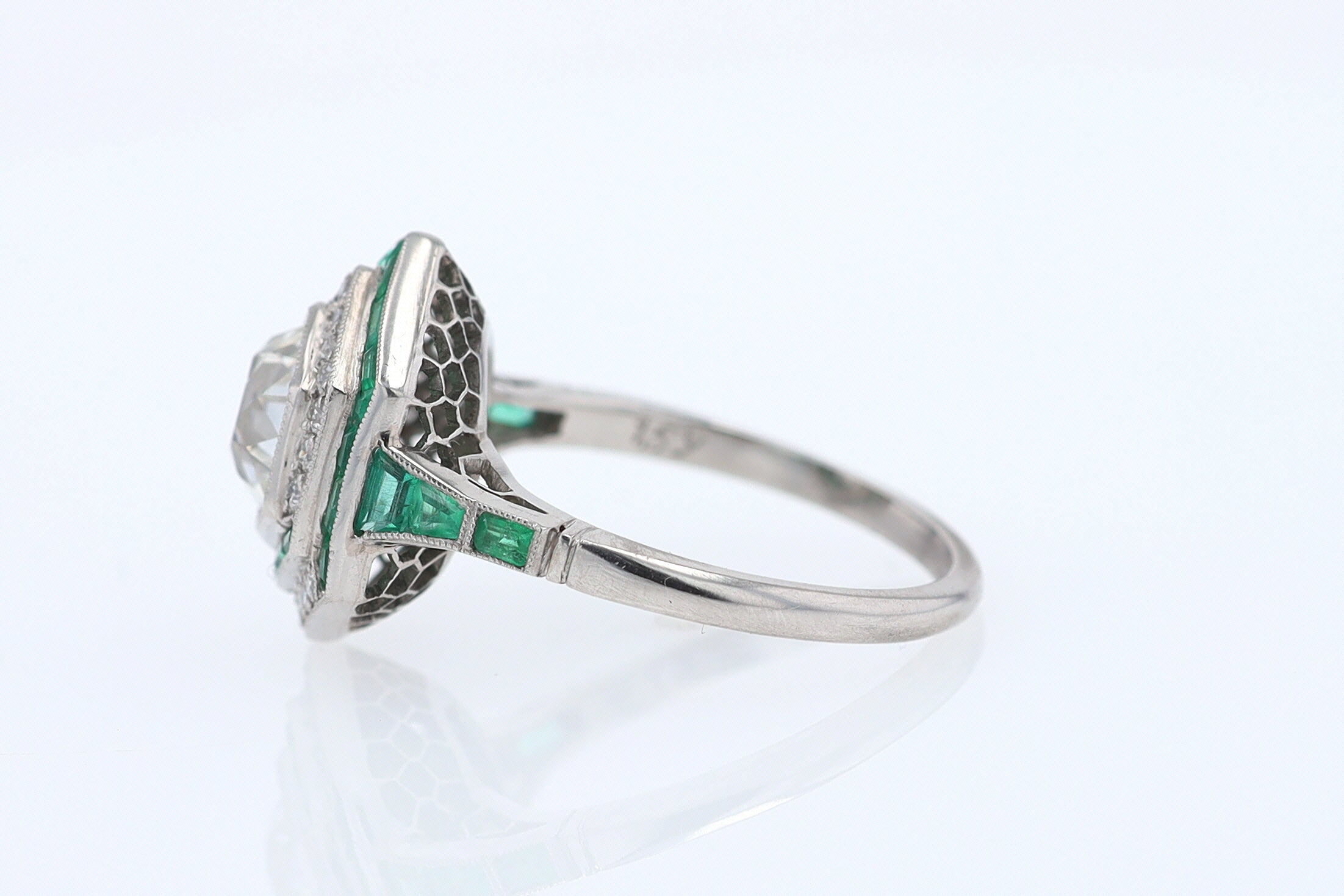 Art Deco Style 1.59 Carat Old Mine Diamond Emerald Engagement Ring