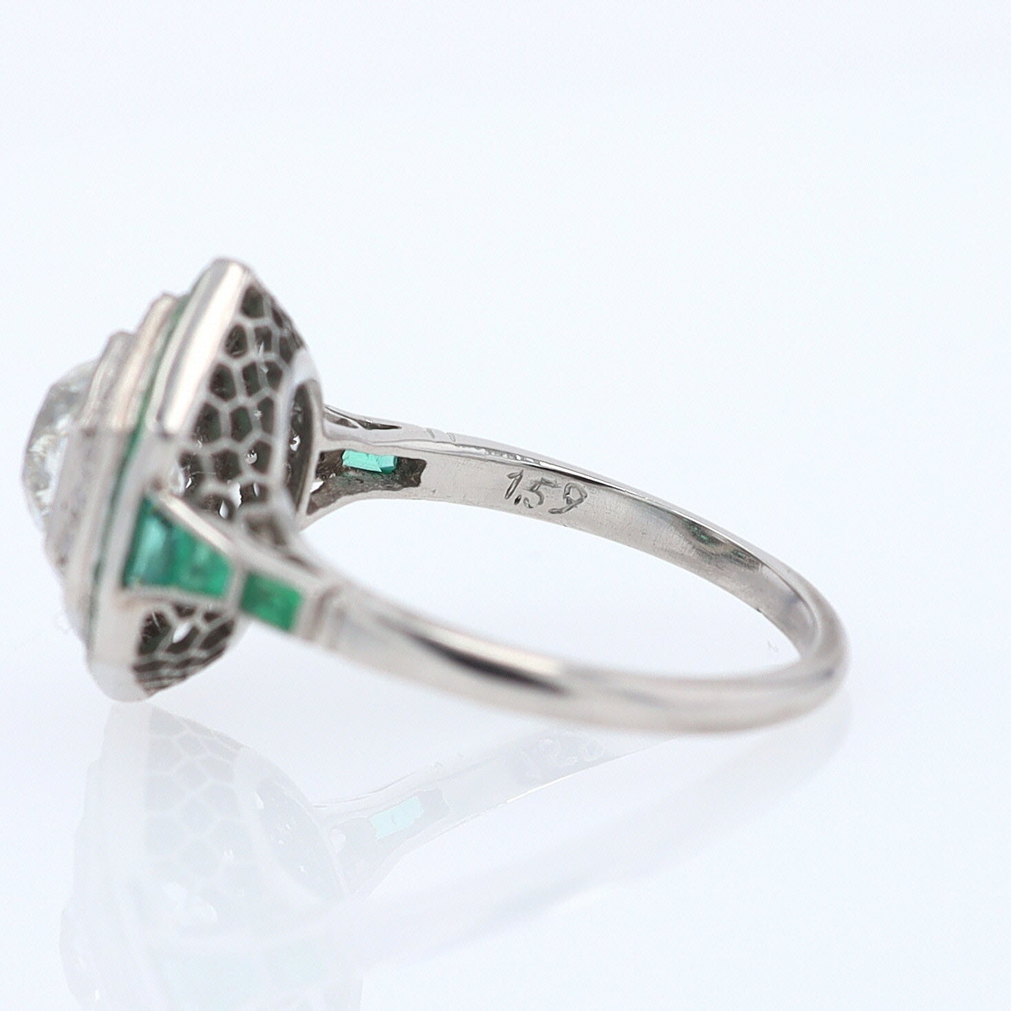 Art Deco Style 1.59 Carat Old Mine Diamond Emerald Engagement Ring