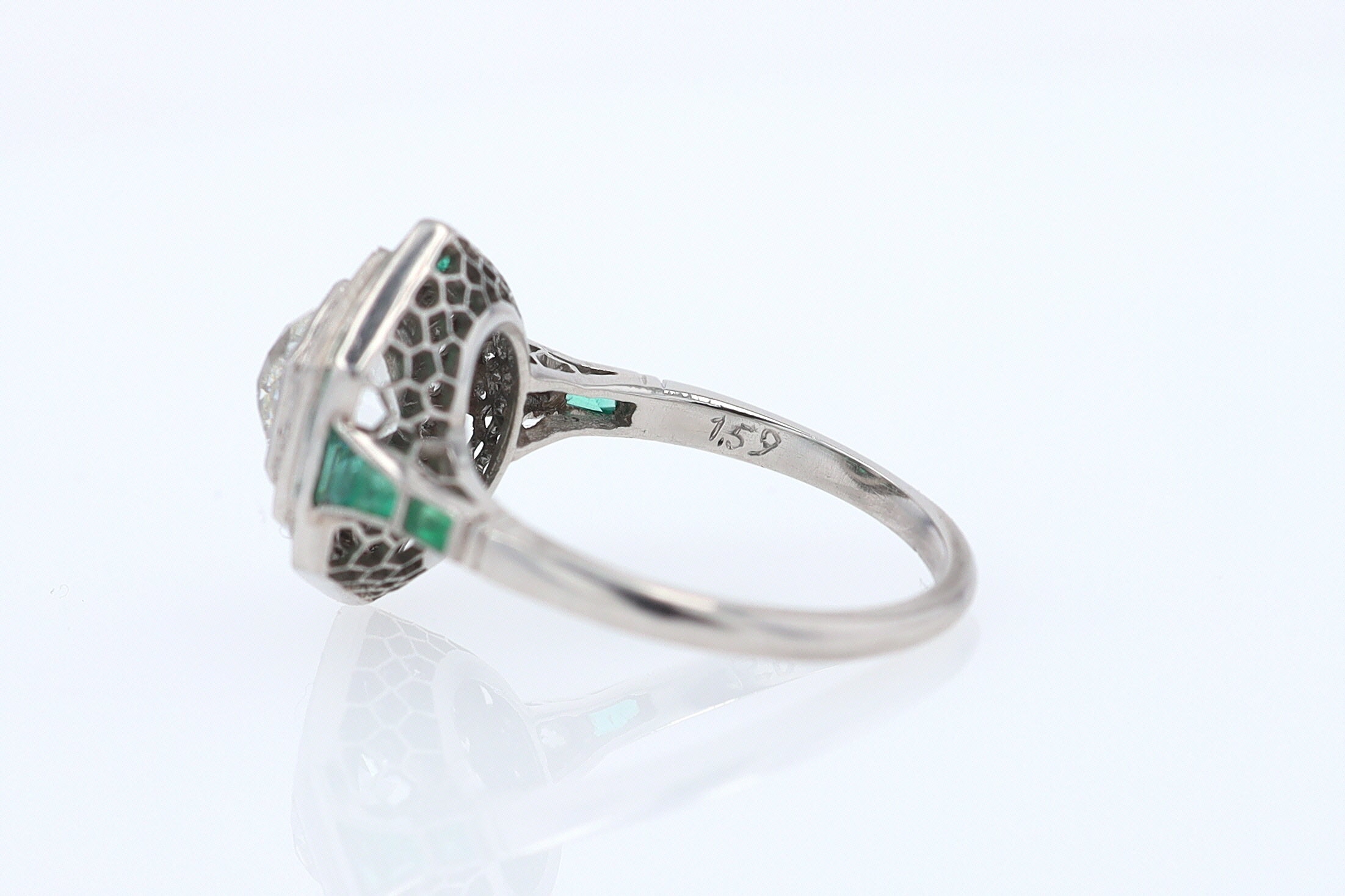 Art Deco Style 1.59 Carat Old Mine Diamond Emerald Engagement Ring