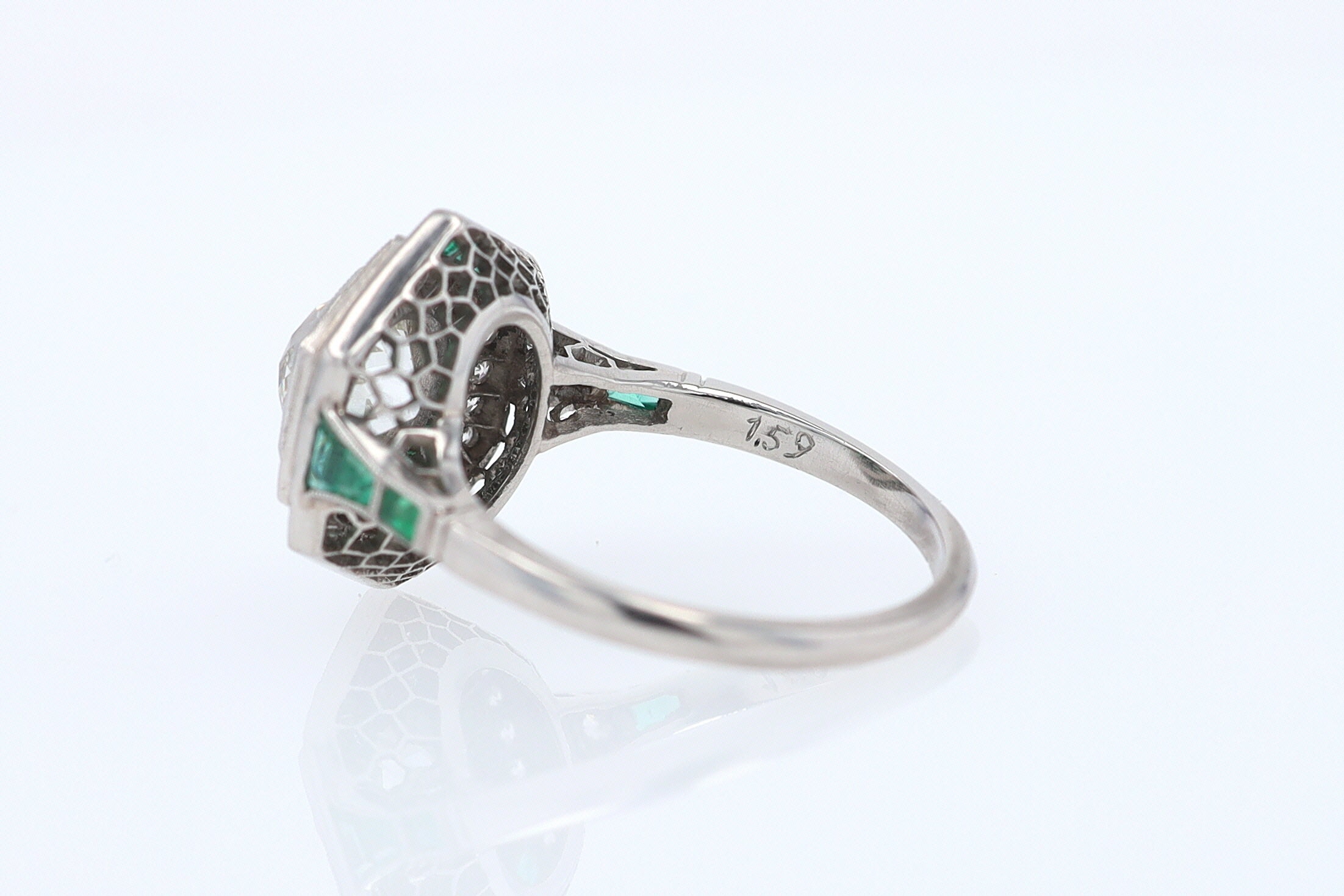 Art Deco Style 1.59 Carat Old Mine Diamond Emerald Engagement Ring