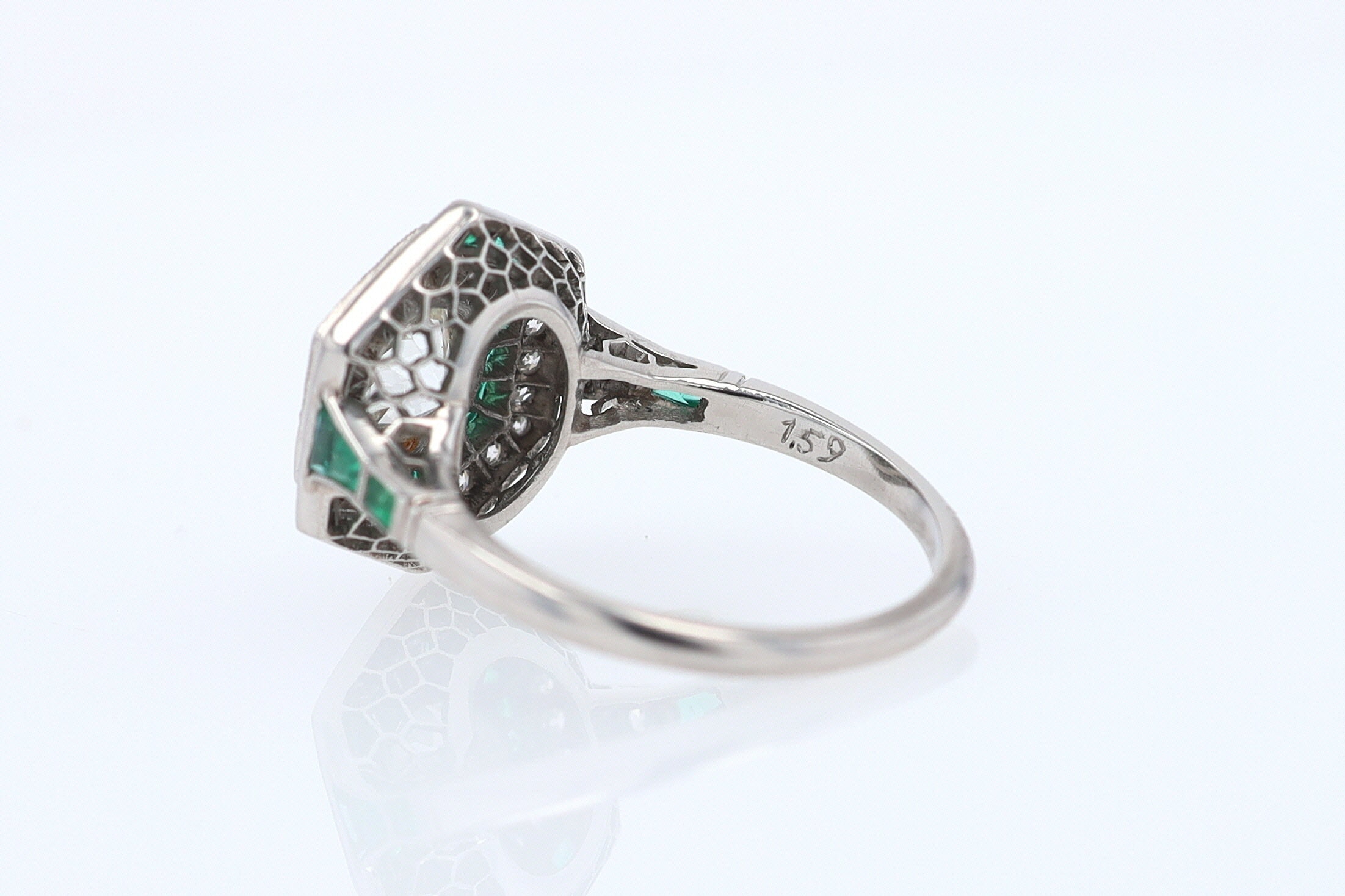 Art Deco Style 1.59 Carat Old Mine Diamond Emerald Engagement Ring