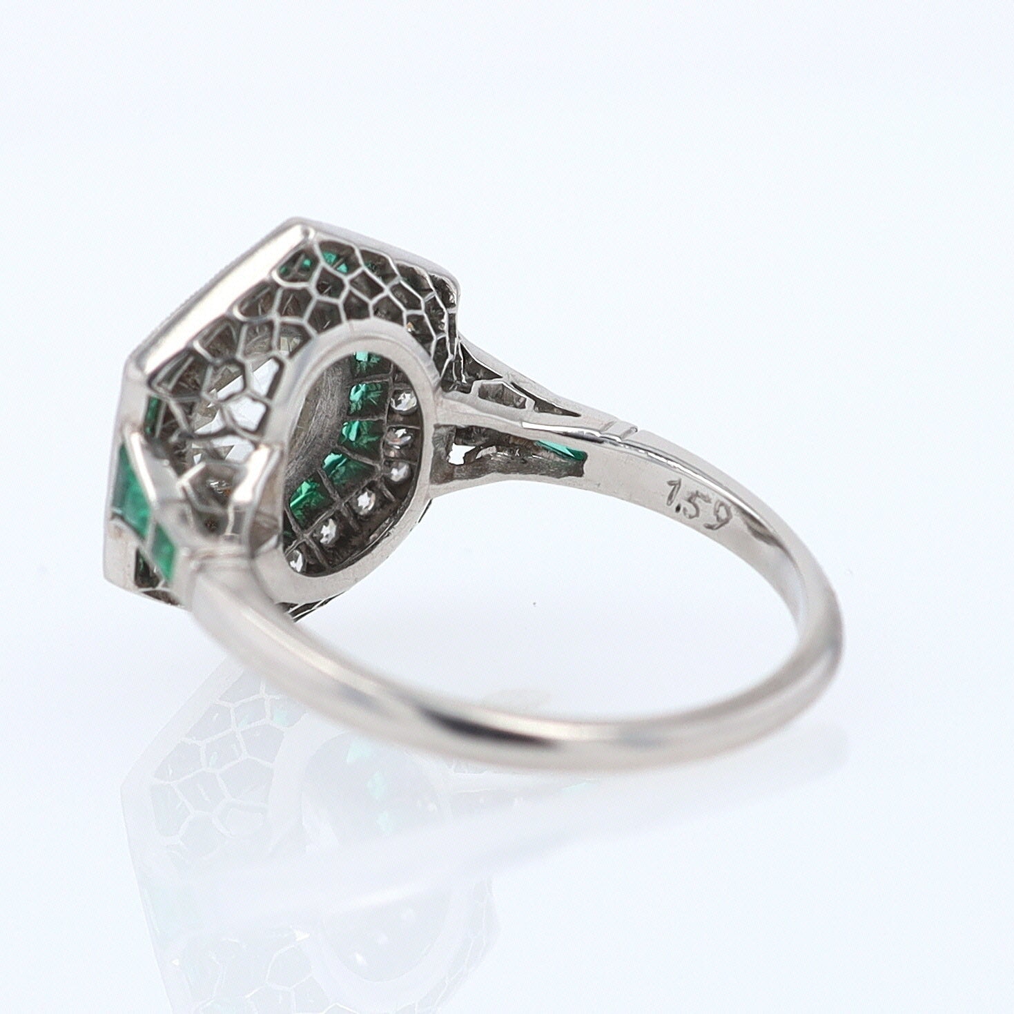 Art Deco Style 1.59 Carat Old Mine Diamond Emerald Engagement Ring