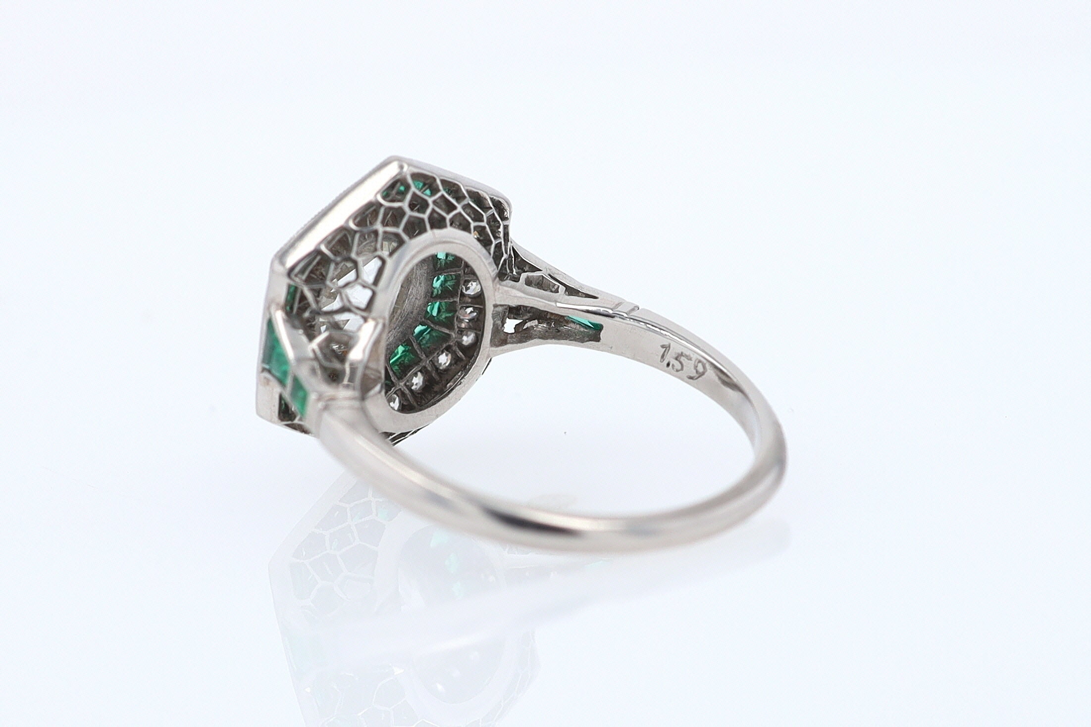 Art Deco Style 1.59 Carat Old Mine Diamond Emerald Engagement Ring