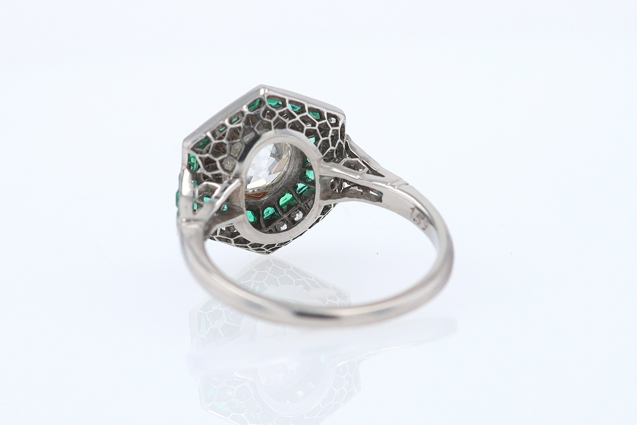 Art Deco Style 1.59 Carat Old Mine Diamond Emerald Engagement Ring