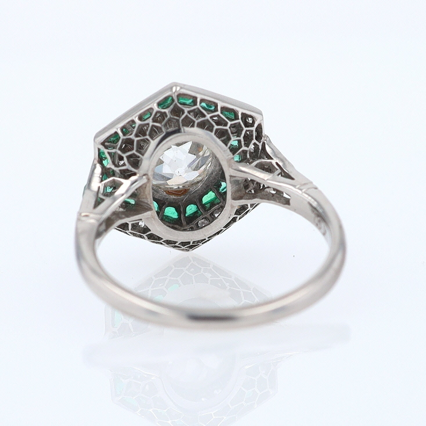 Art Deco Style 1.59 Carat Old Mine Diamond Emerald Engagement Ring