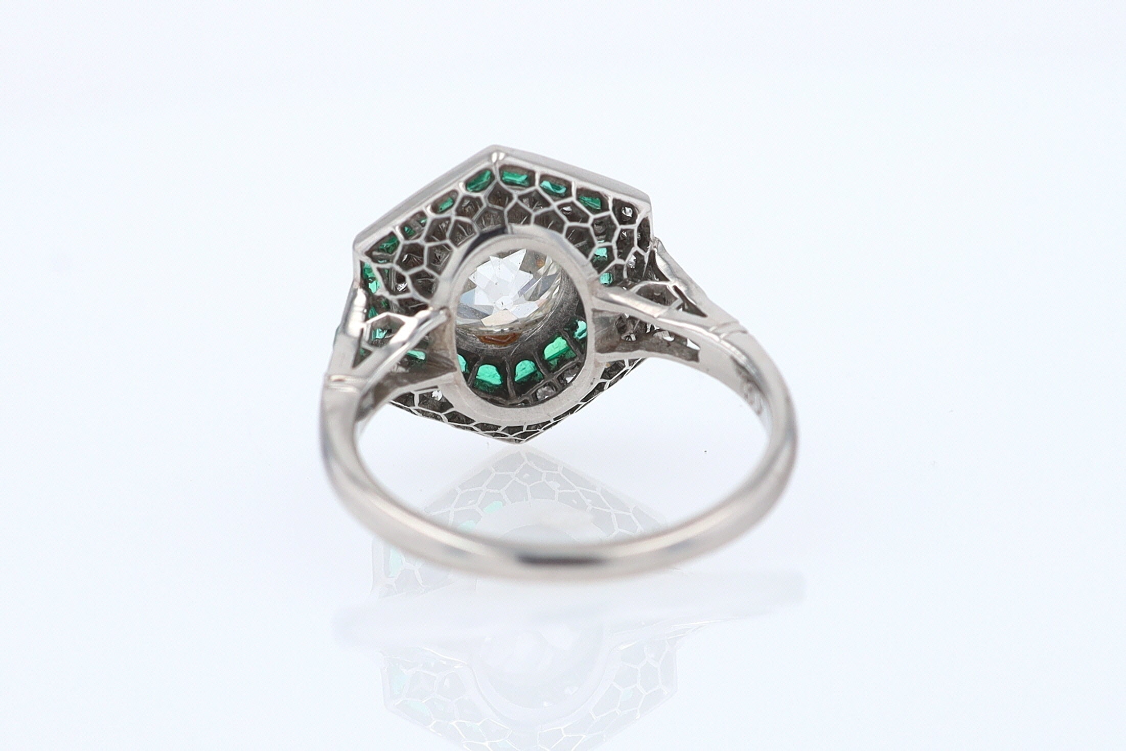 Art Deco Style 1.59 Carat Old Mine Diamond Emerald Engagement Ring