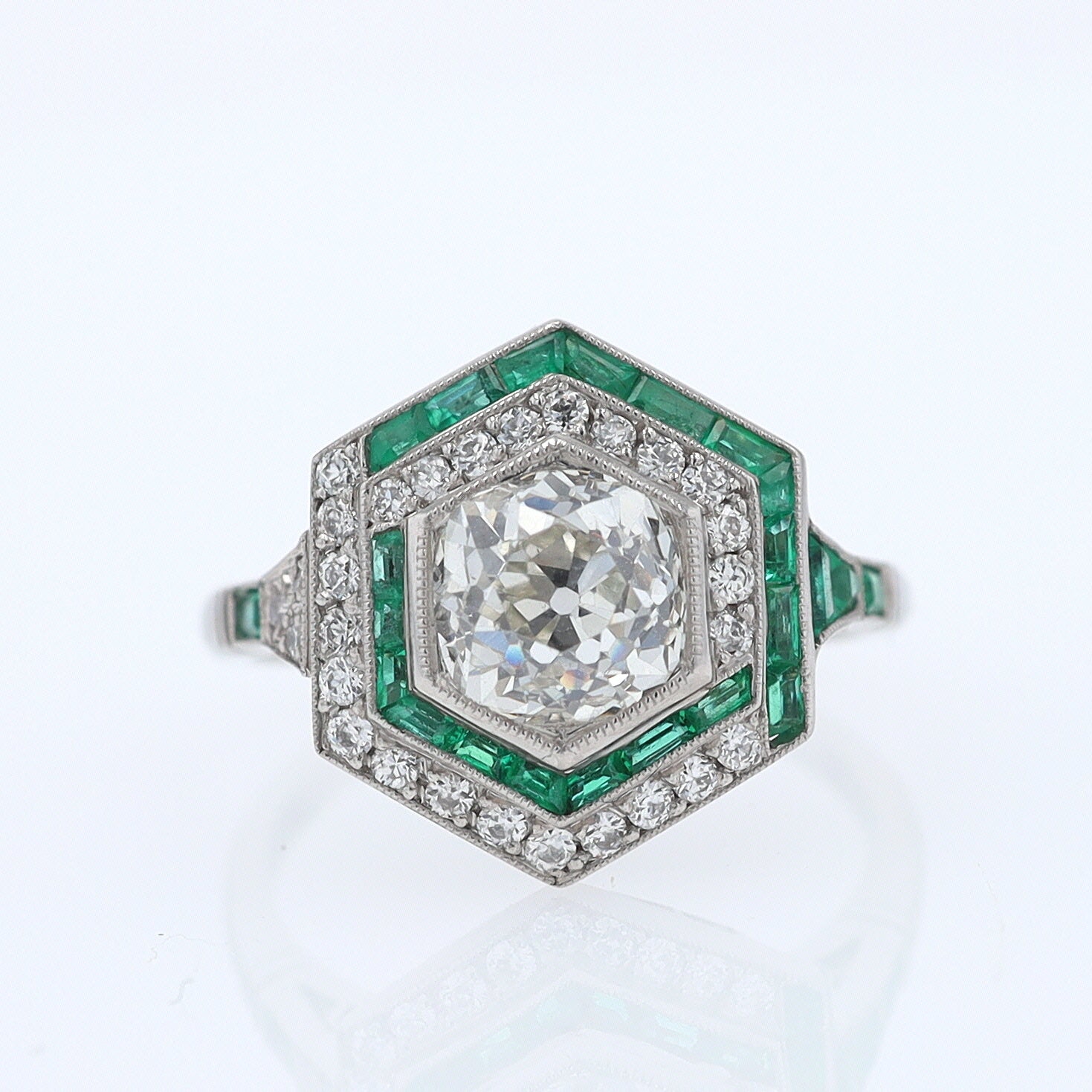 Art Deco Style 1.59 Carat Old Mine Diamond Emerald Engagement Ring