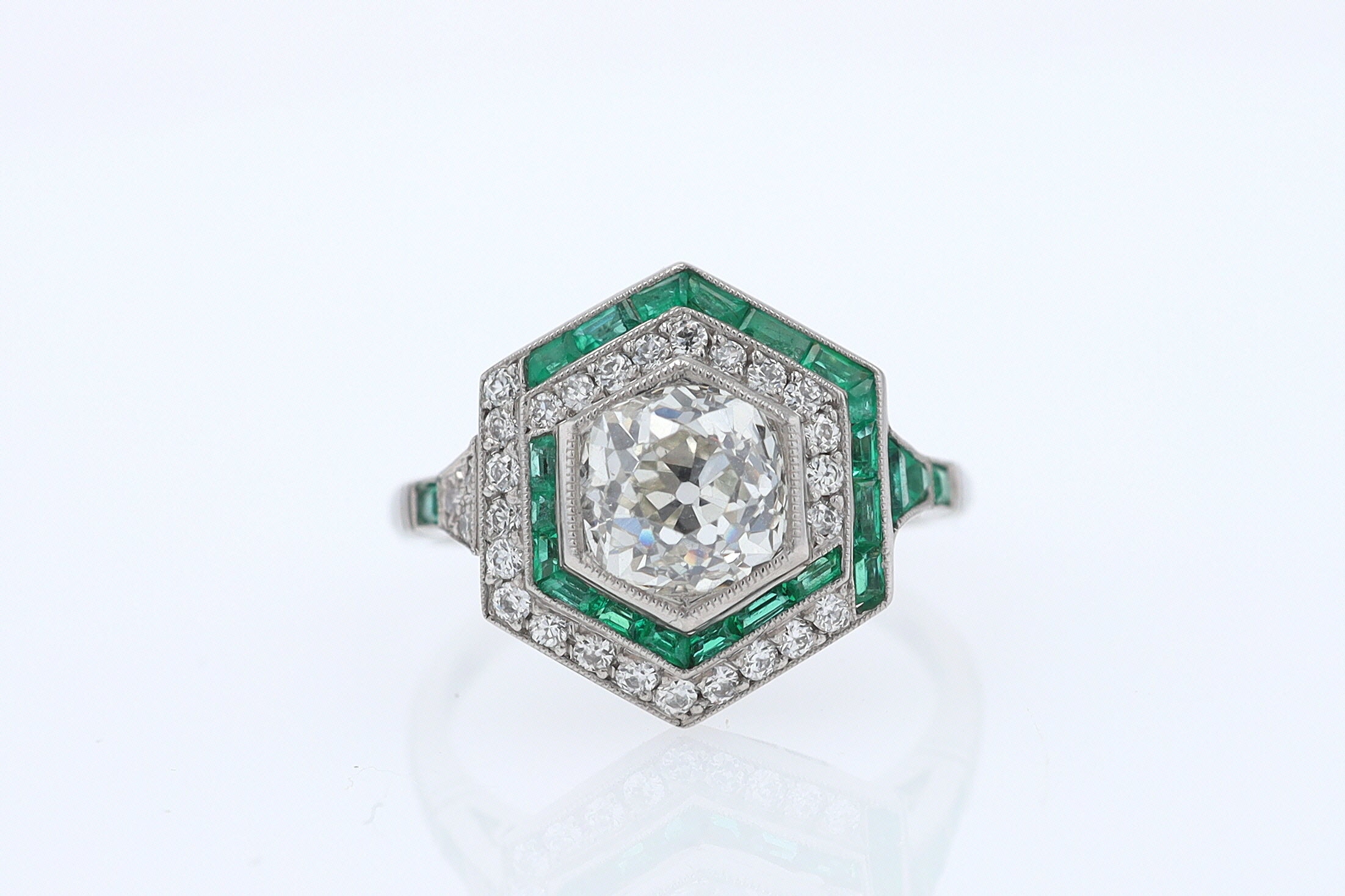 Art Deco Style 1.59 Carat Old Mine Diamond Emerald Engagement Ring
