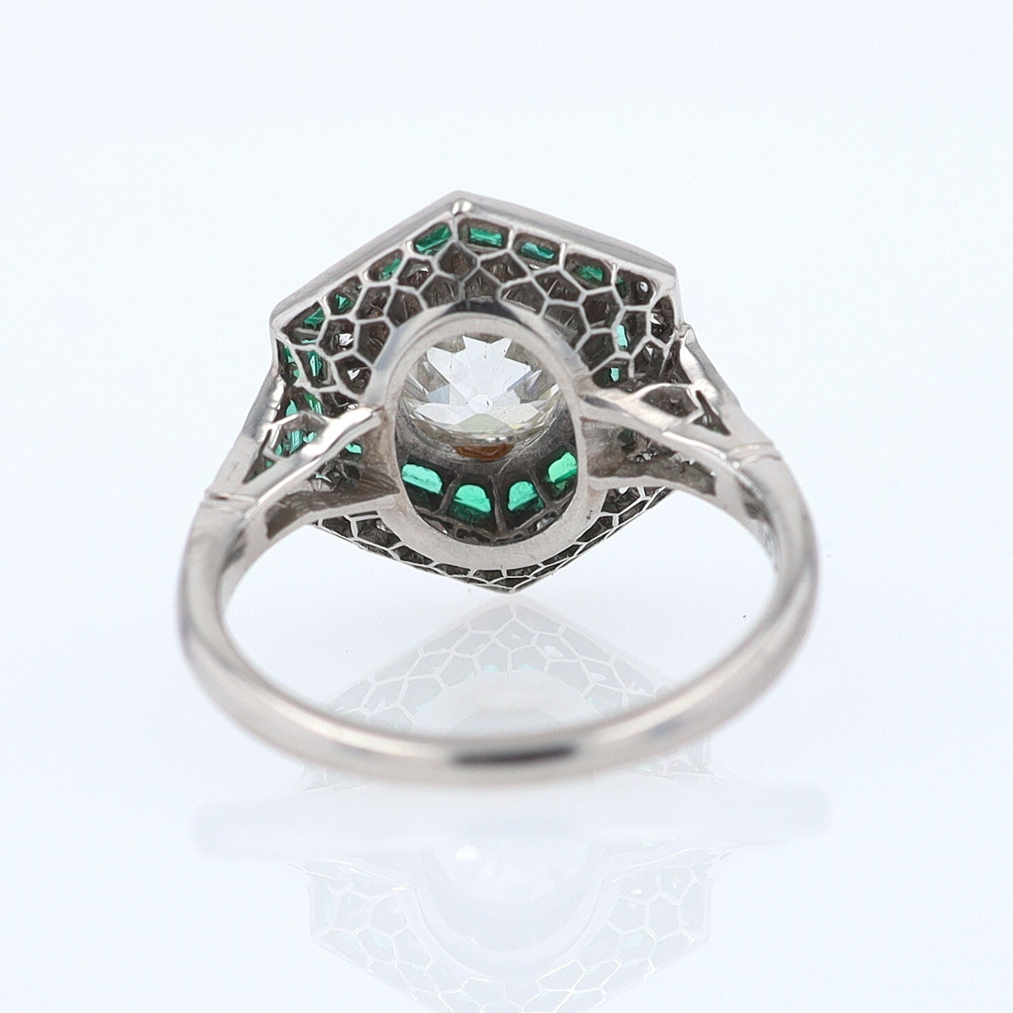 Art Deco Style 1.59 Carat Old Mine Diamond Emerald Engagement Ring