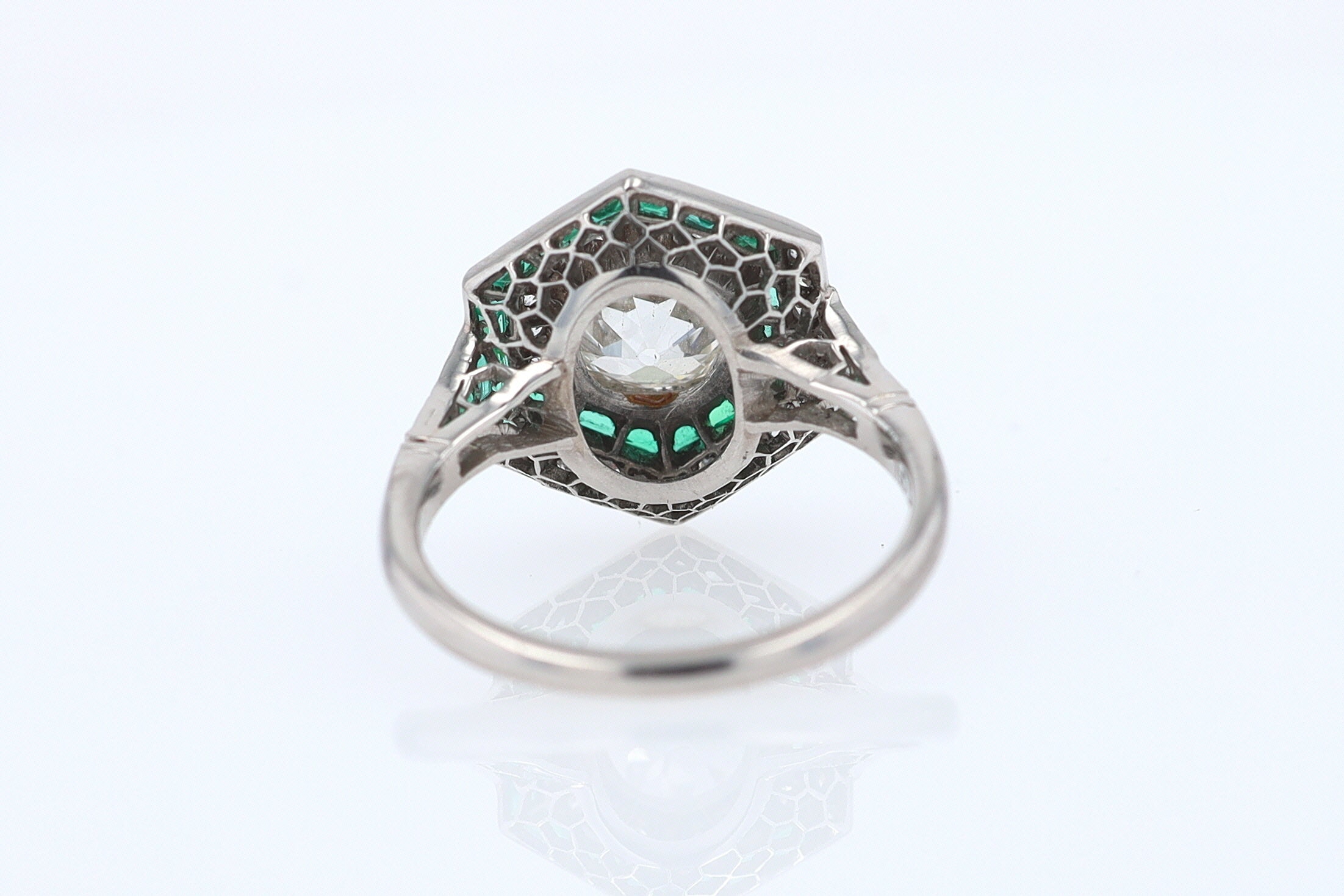 Art Deco Style 1.59 Carat Old Mine Diamond Emerald Engagement Ring