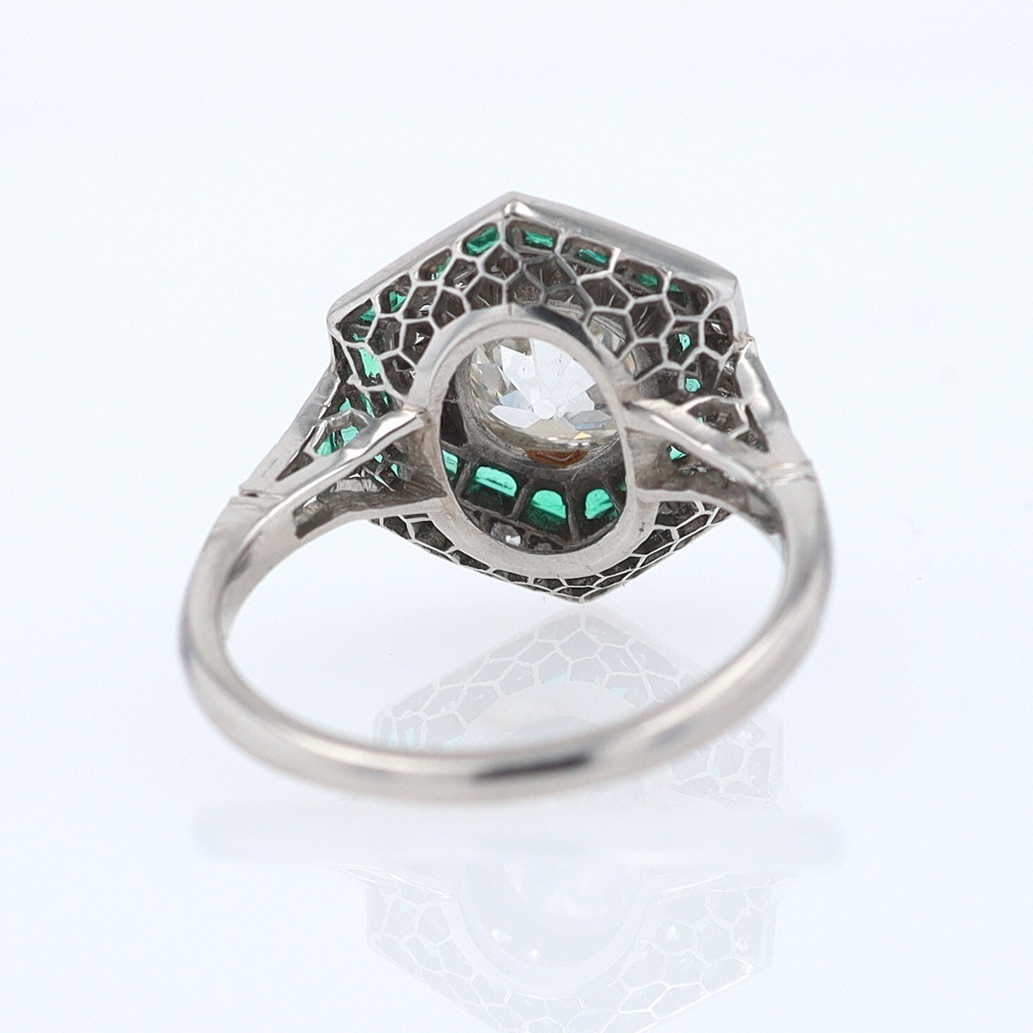 Art Deco Style 1.59 Carat Old Mine Diamond Emerald Engagement Ring