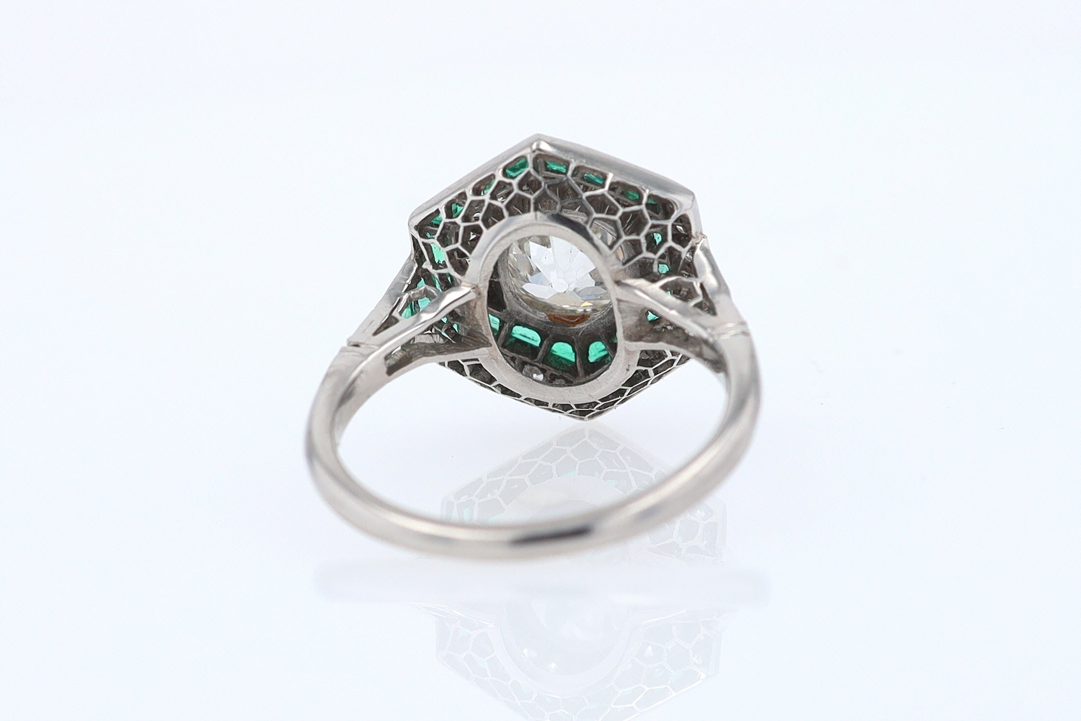 Art Deco Style 1.59 Carat Old Mine Diamond Emerald Engagement Ring