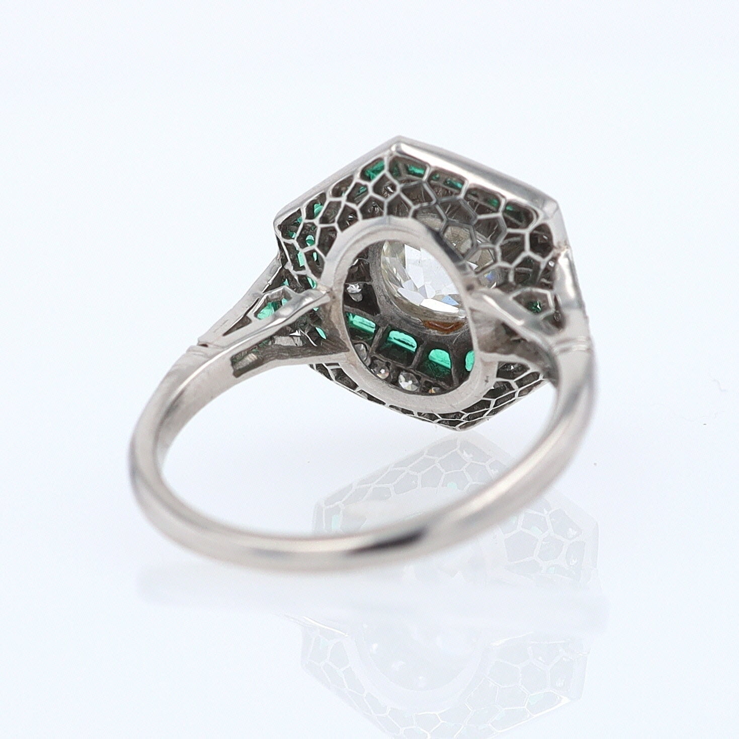 Art Deco Style 1.59 Carat Old Mine Diamond Emerald Engagement Ring