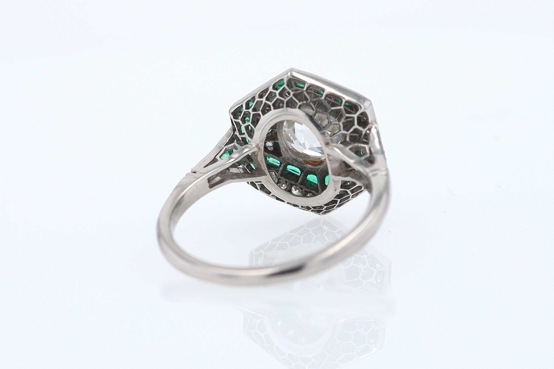 Art Deco Style 1.59 Carat Old Mine Diamond Emerald Engagement Ring