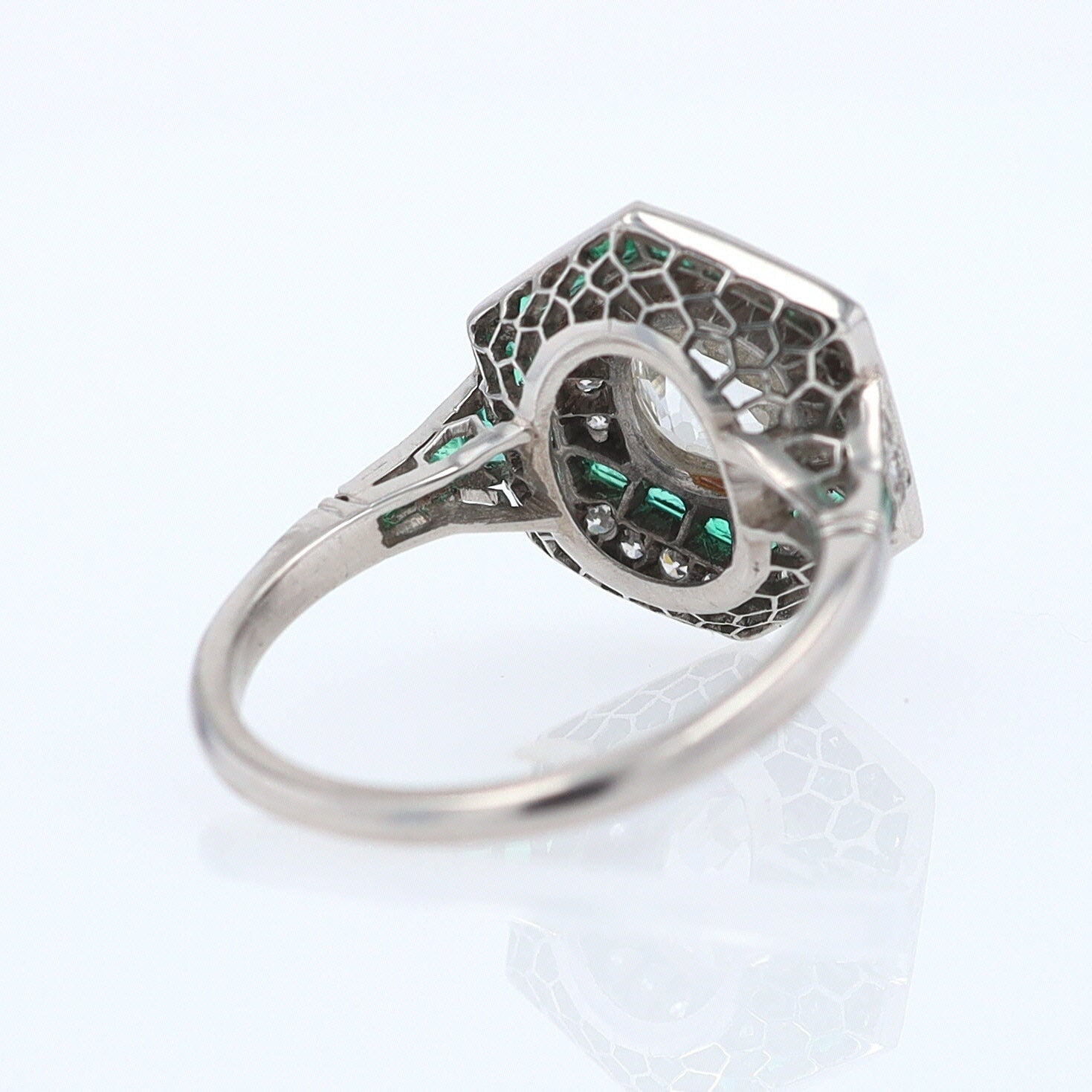 Art Deco Style 1.59 Carat Old Mine Diamond Emerald Engagement Ring