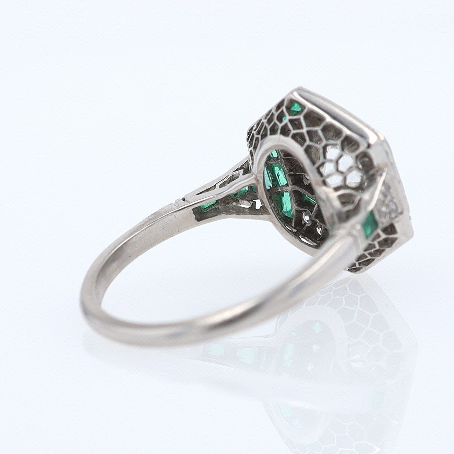 Art Deco Style 1.59 Carat Old Mine Diamond Emerald Engagement Ring