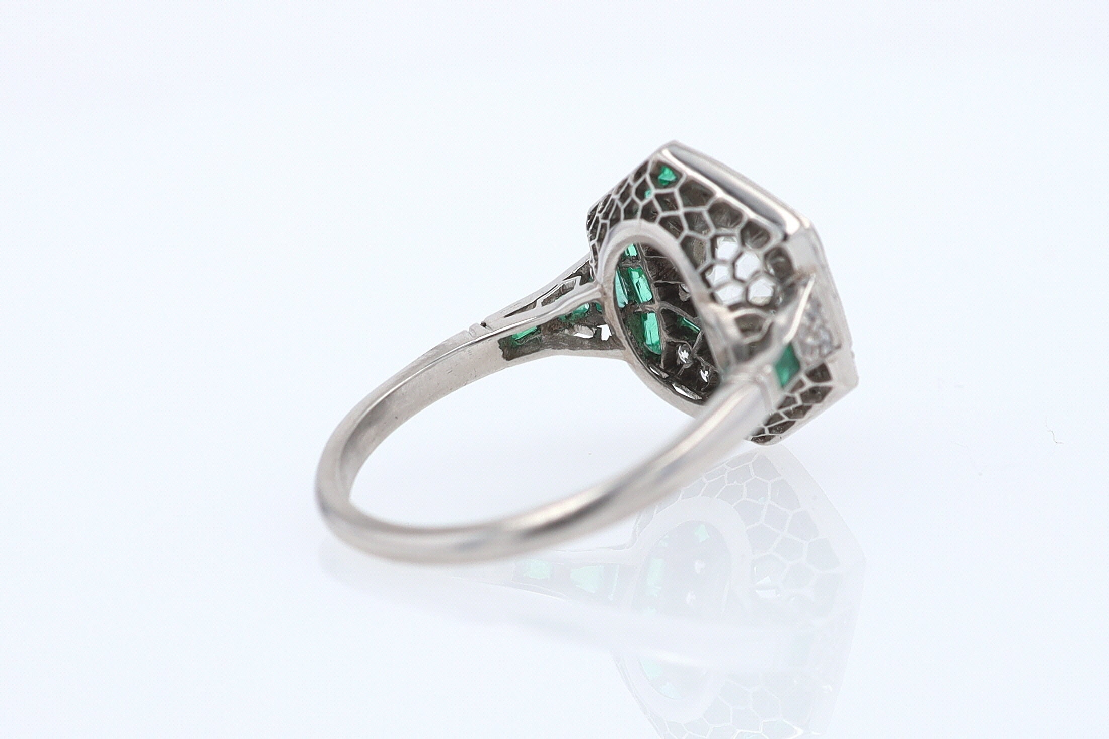 Art Deco Style 1.59 Carat Old Mine Diamond Emerald Engagement Ring