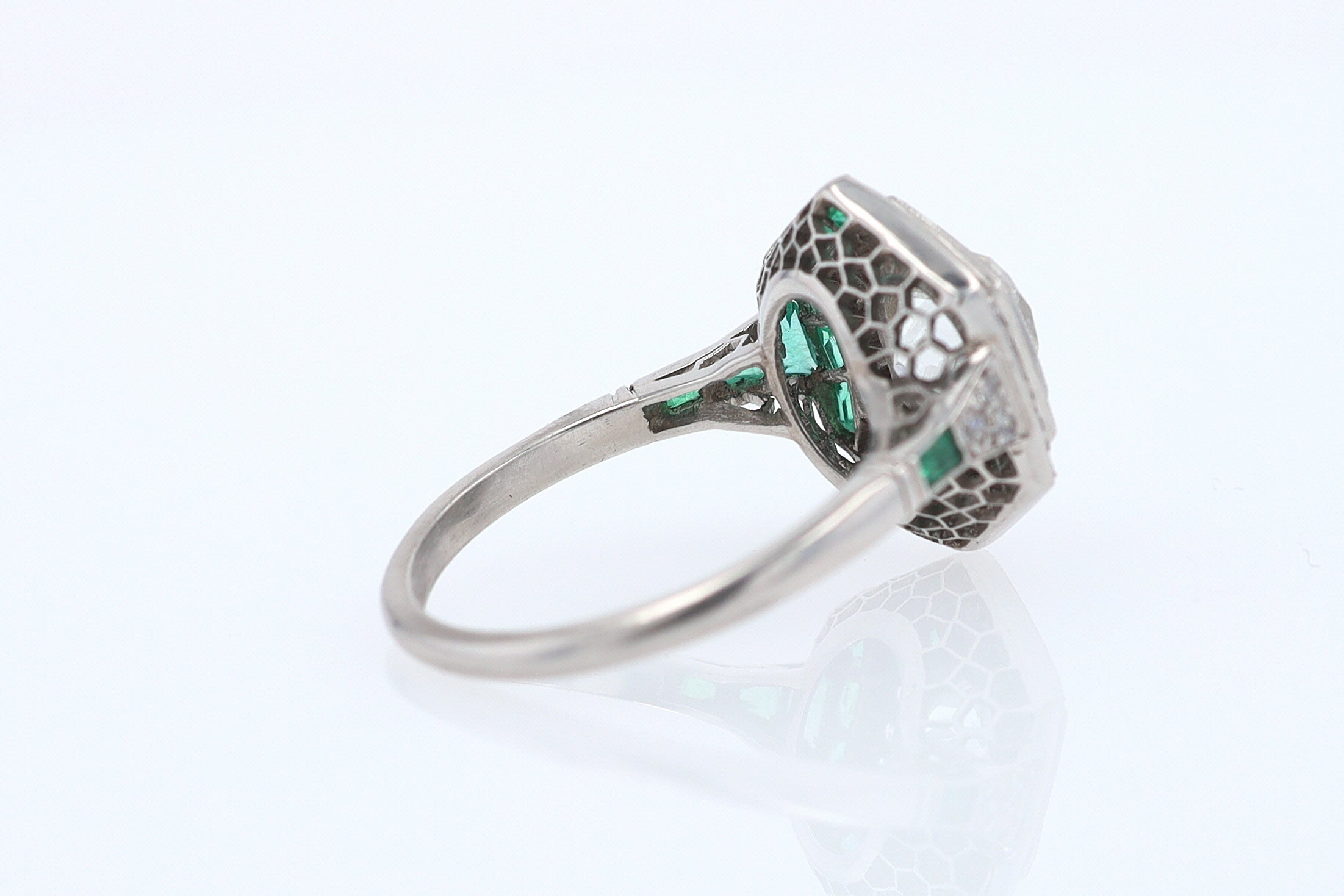 Art Deco Style 1.59 Carat Old Mine Diamond Emerald Engagement Ring