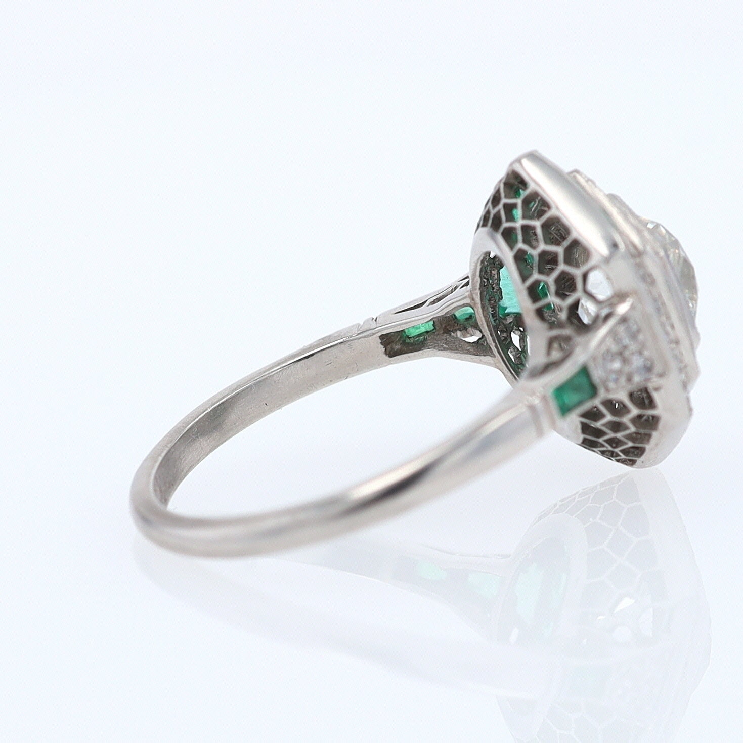 Art Deco Style 1.59 Carat Old Mine Diamond Emerald Engagement Ring