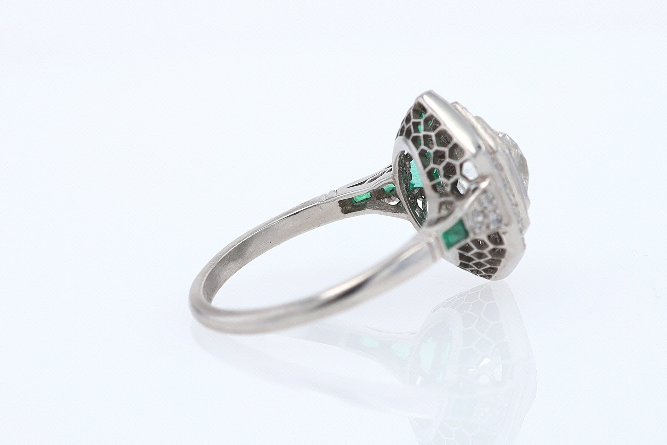 Art Deco Style 1.59 Carat Old Mine Diamond Emerald Engagement Ring