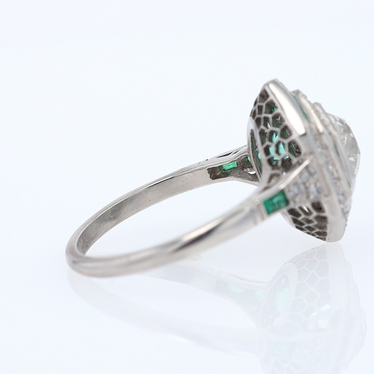 Art Deco Style 1.59 Carat Old Mine Diamond Emerald Engagement Ring