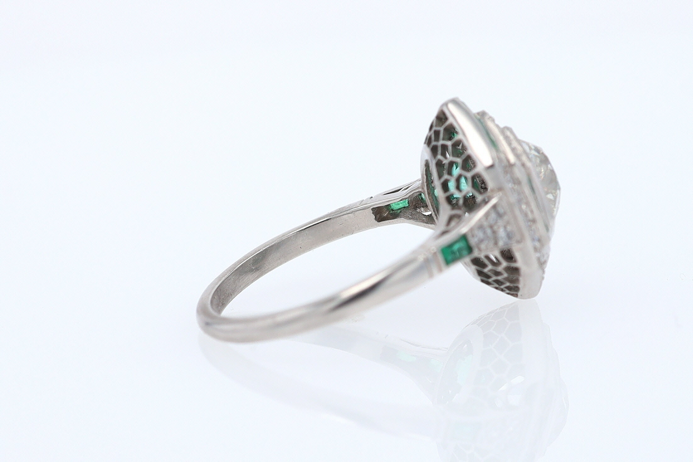 Art Deco Style 1.59 Carat Old Mine Diamond Emerald Engagement Ring