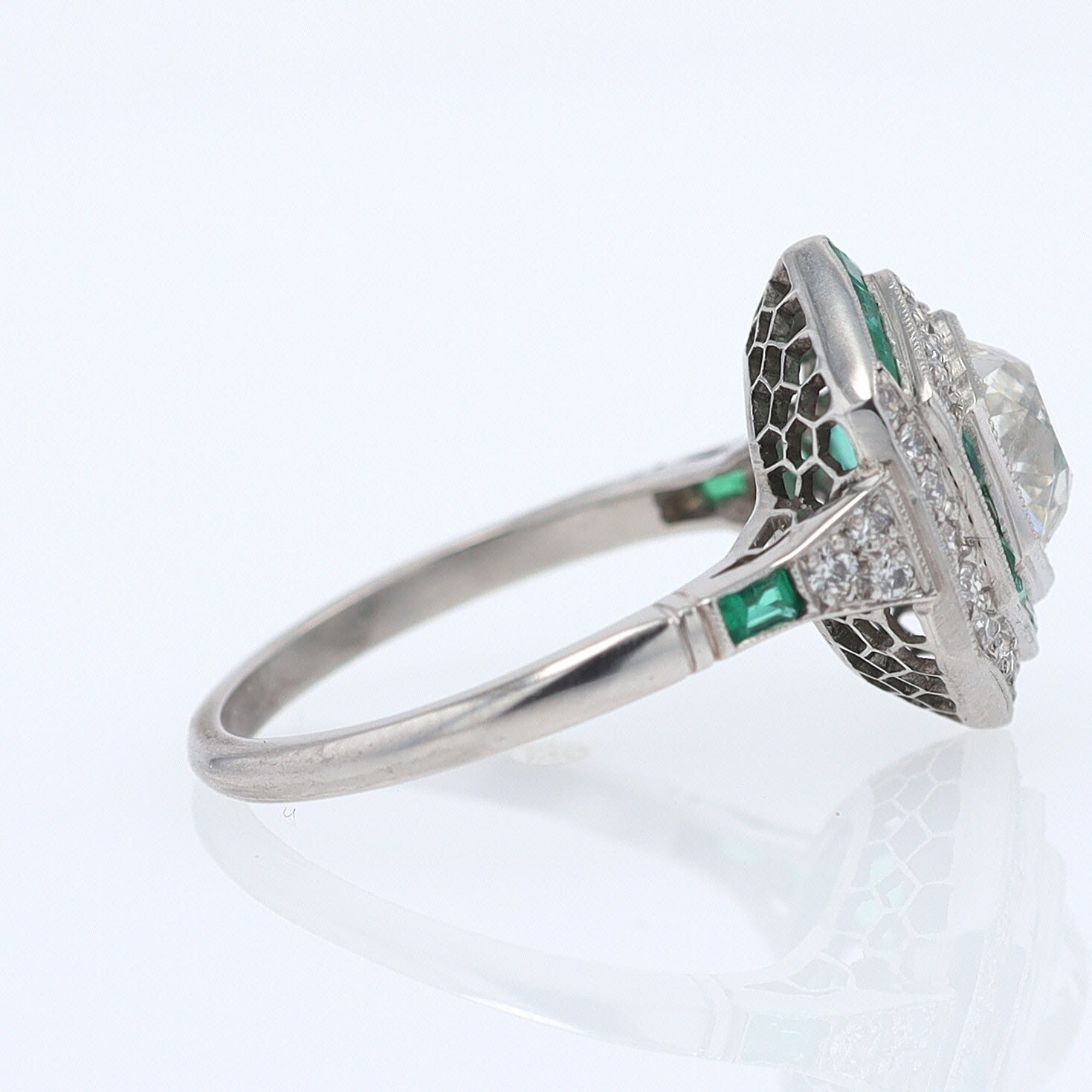 Art Deco Style 1.59 Carat Old Mine Diamond Emerald Engagement Ring