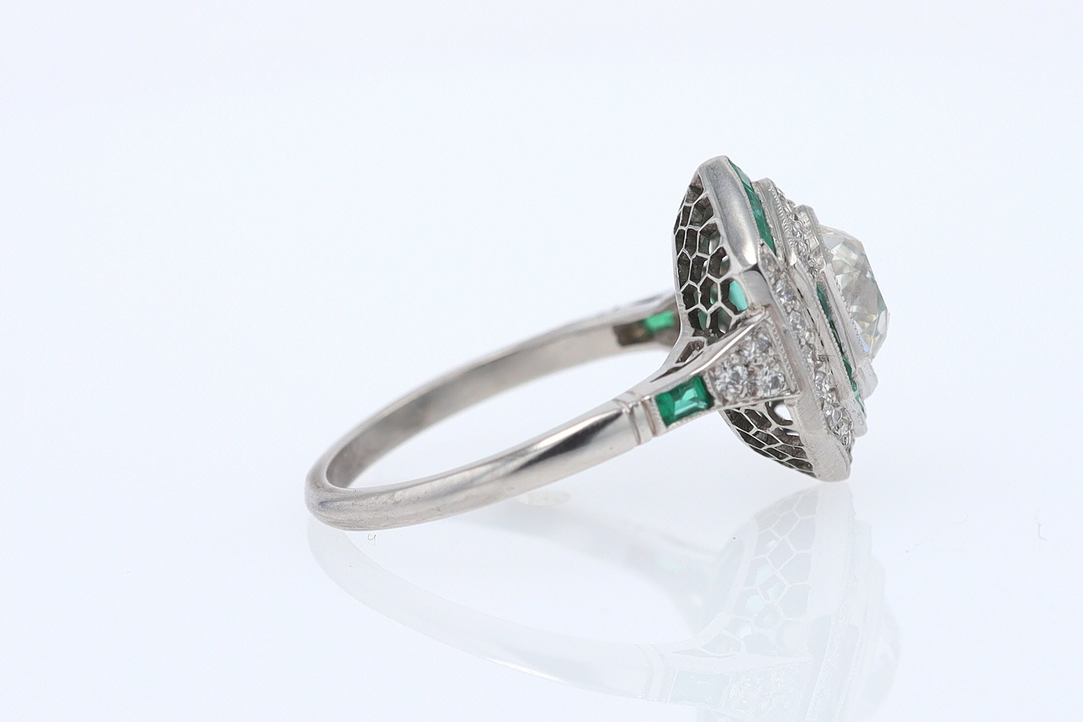 Art Deco Style 1.59 Carat Old Mine Diamond Emerald Engagement Ring