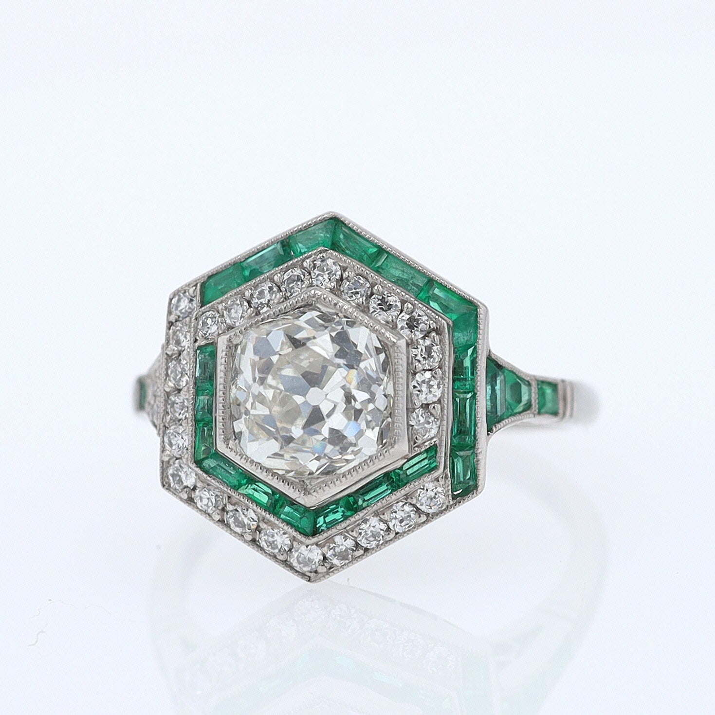 Art Deco Style 1.59 Carat Old Mine Diamond Emerald Engagement Ring