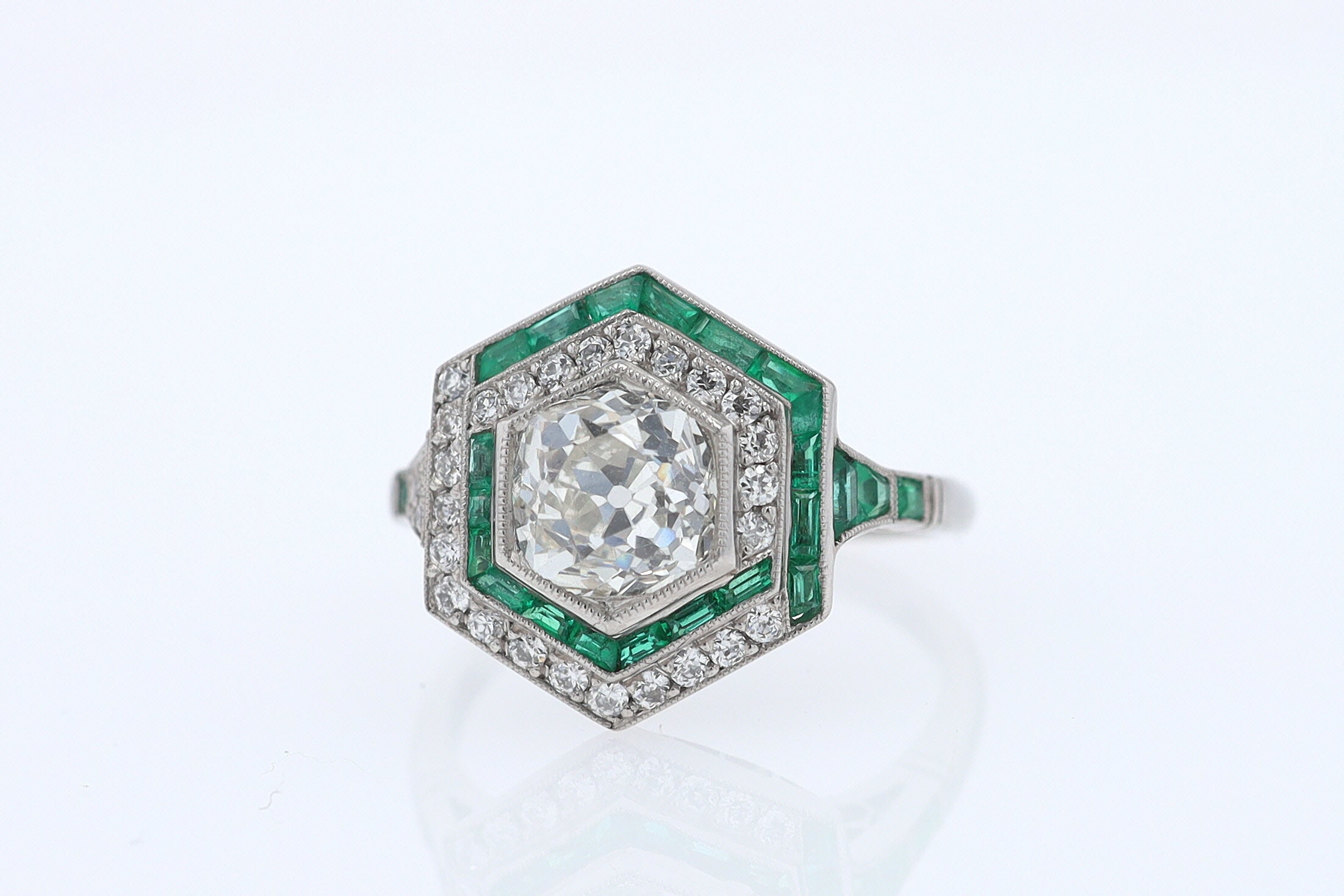 Art Deco Style 1.59 Carat Old Mine Diamond Emerald Engagement Ring