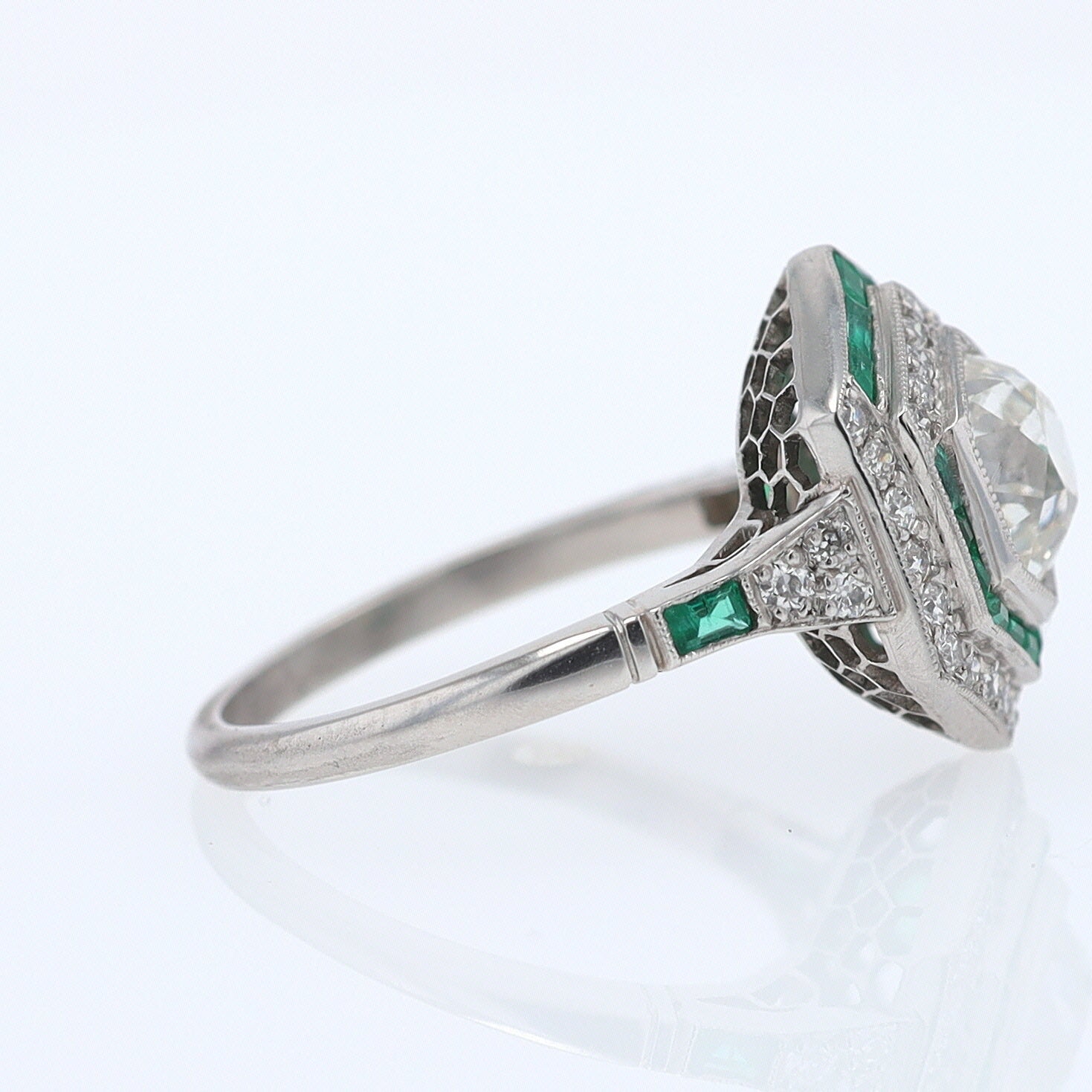 Art Deco Style 1.59 Carat Old Mine Diamond Emerald Engagement Ring