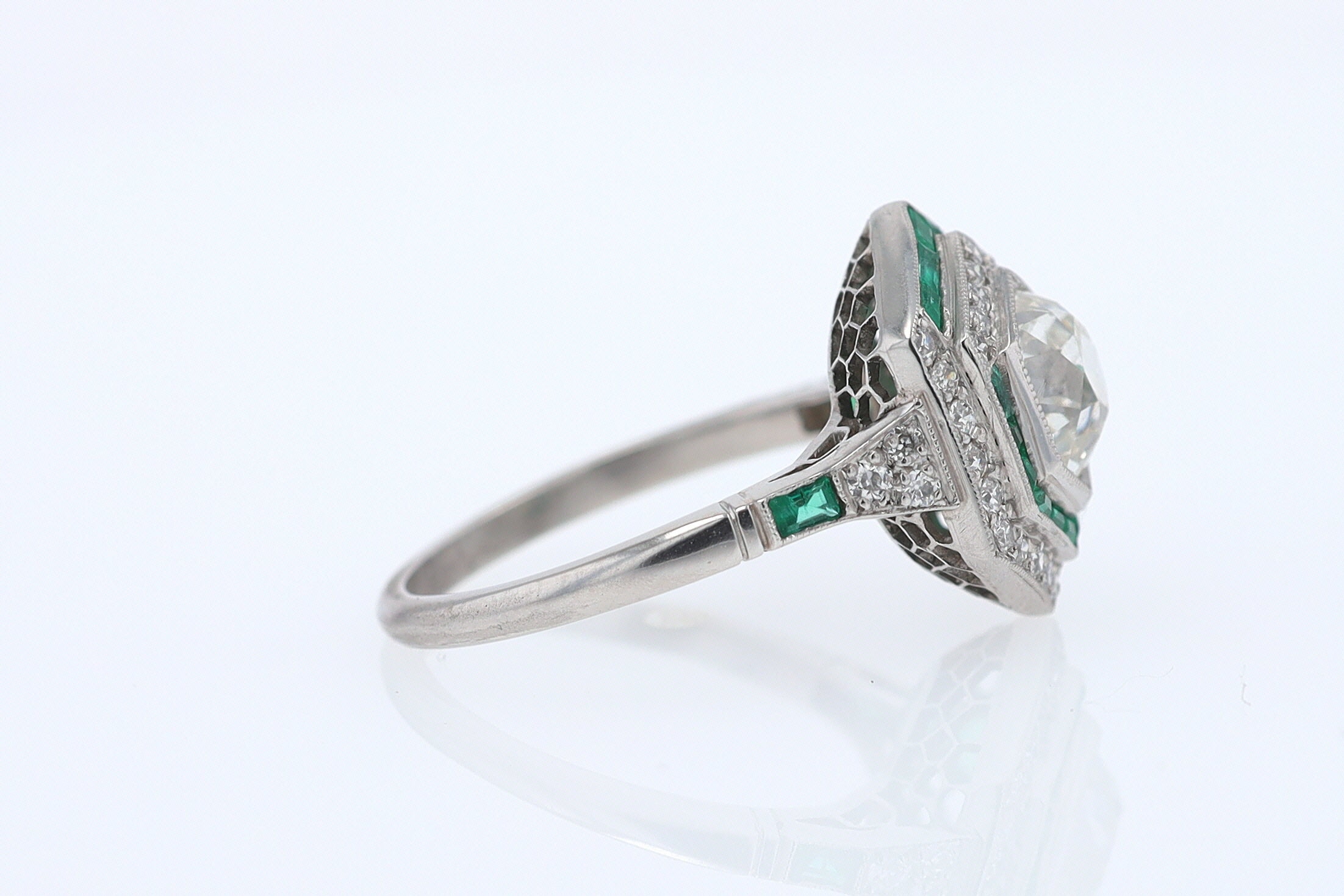 Art Deco Style 1.59 Carat Old Mine Diamond Emerald Engagement Ring