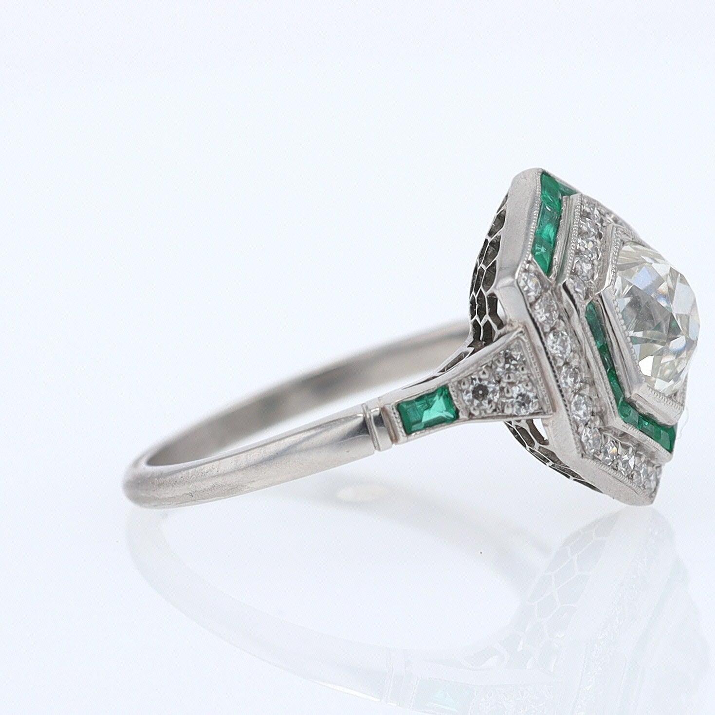 Art Deco Style 1.59 Carat Old Mine Diamond Emerald Engagement Ring