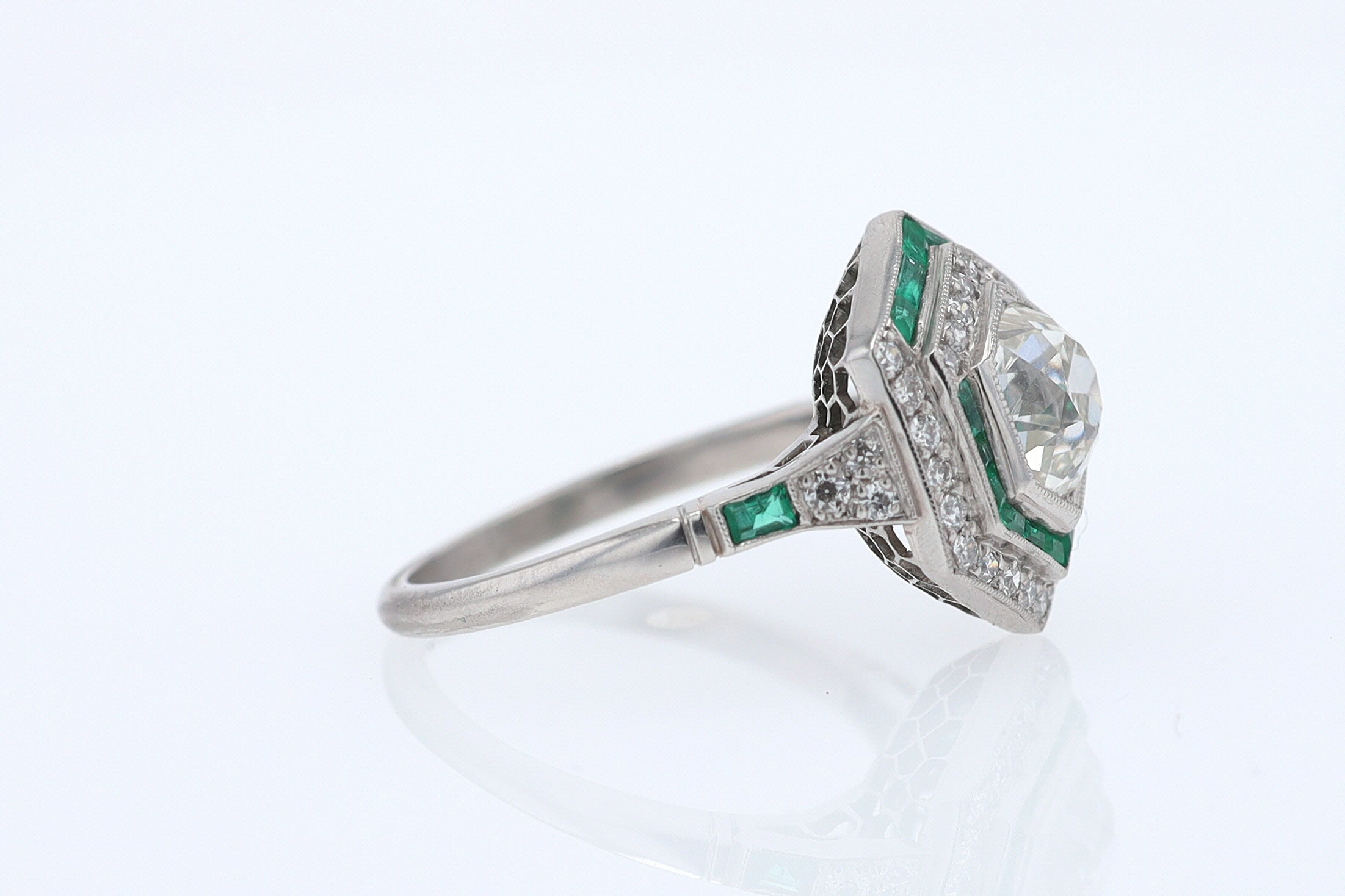 Art Deco Style 1.59 Carat Old Mine Diamond Emerald Engagement Ring