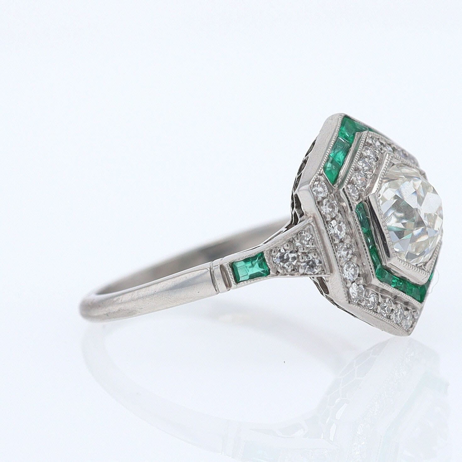 Art Deco Style 1.59 Carat Old Mine Diamond Emerald Engagement Ring