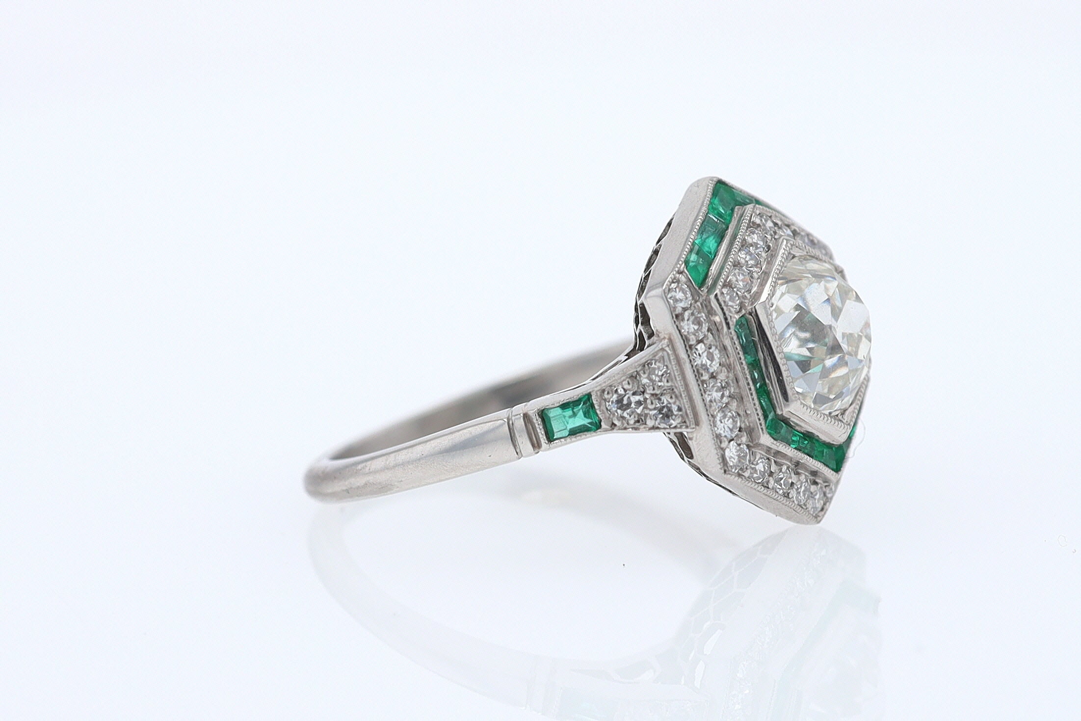 Art Deco Style 1.59 Carat Old Mine Diamond Emerald Engagement Ring
